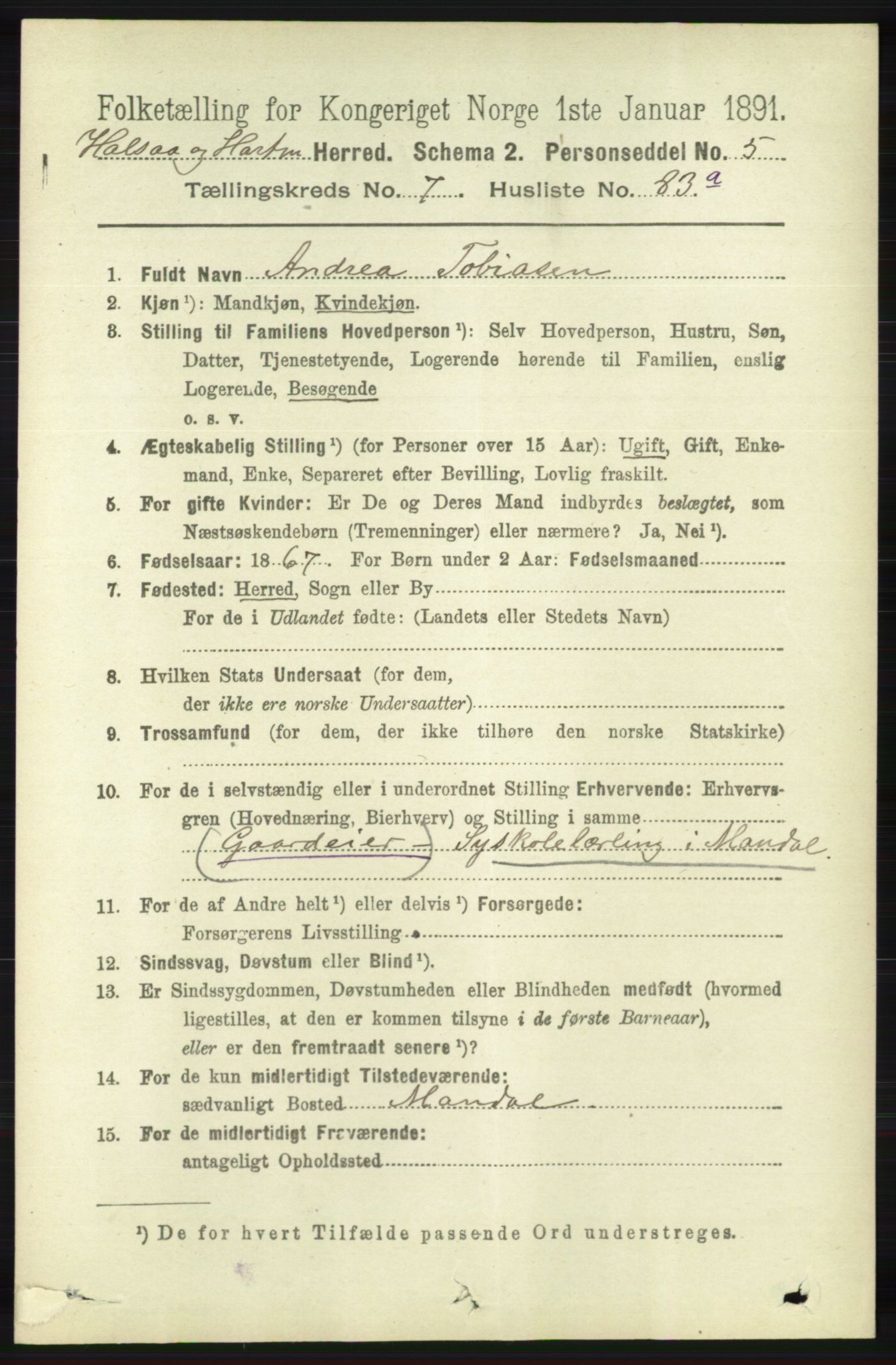 RA, 1891 census for 1019 Halse og Harkmark, 1891, p. 3188