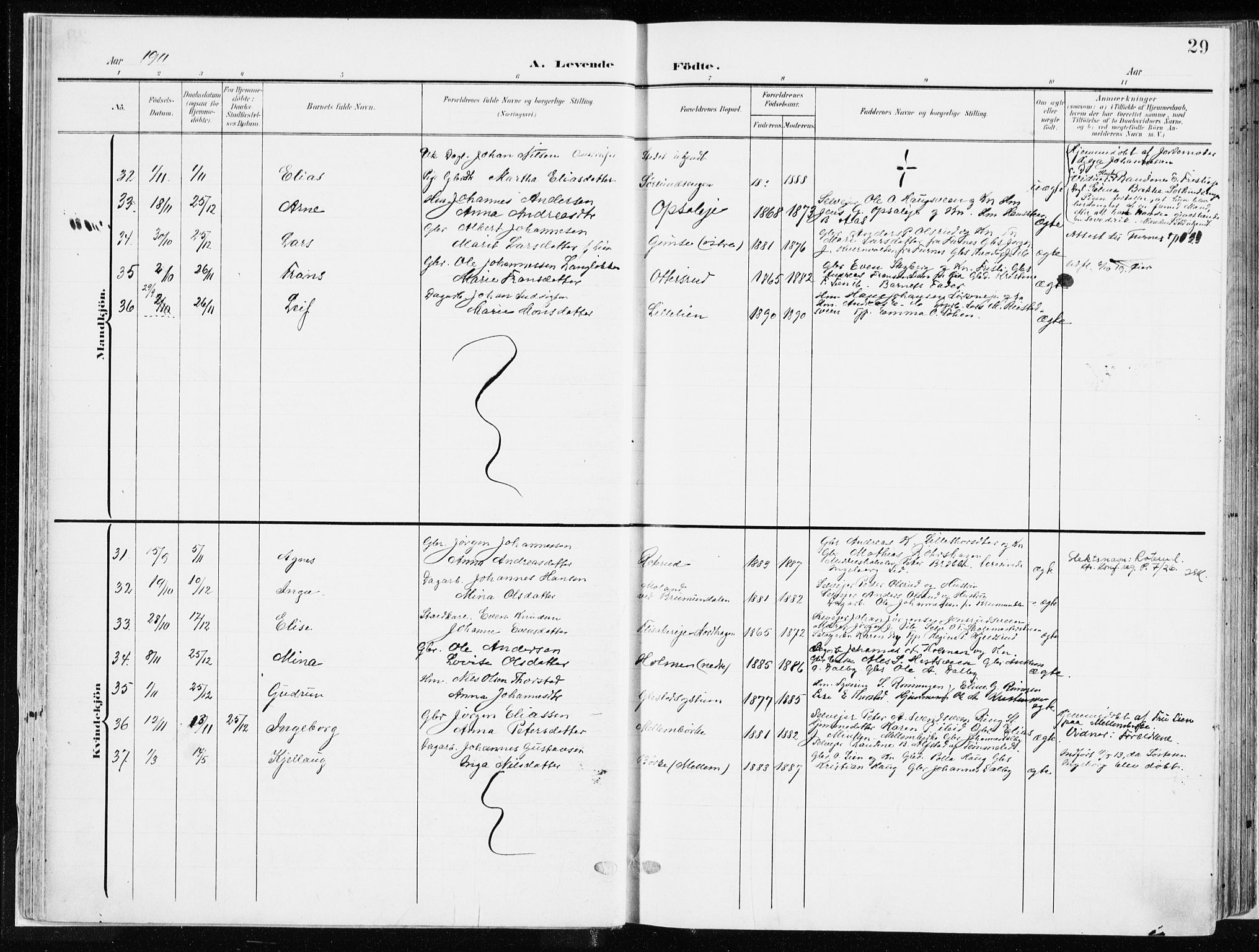 Ringsaker prestekontor, AV/SAH-PREST-014/K/Ka/L0019: Parish register (official) no. 19, 1905-1920, p. 29