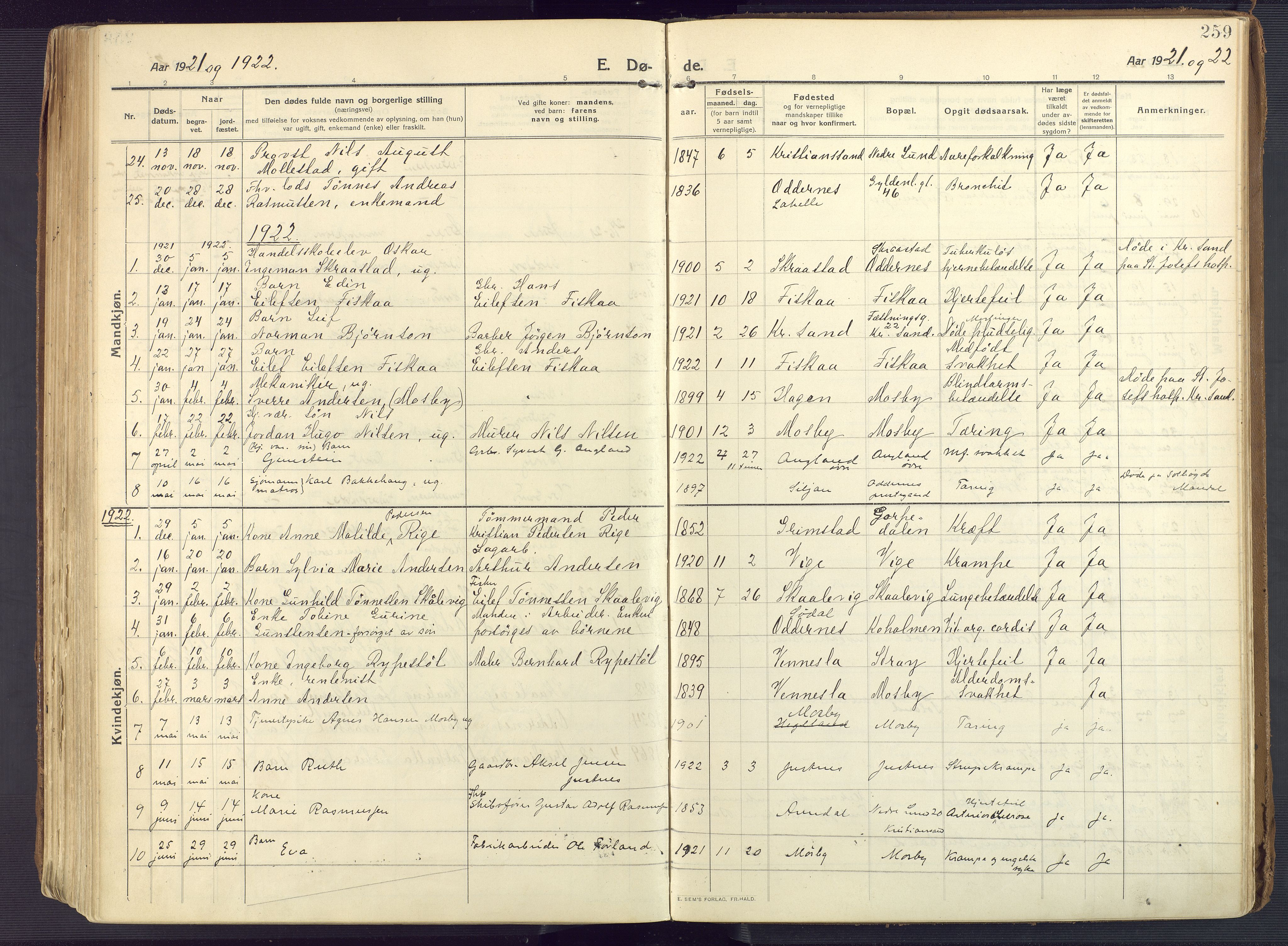 Oddernes sokneprestkontor, AV/SAK-1111-0033/F/Fa/Faa/L0012: Parish register (official) no. A 12, 1912-1925, p. 259