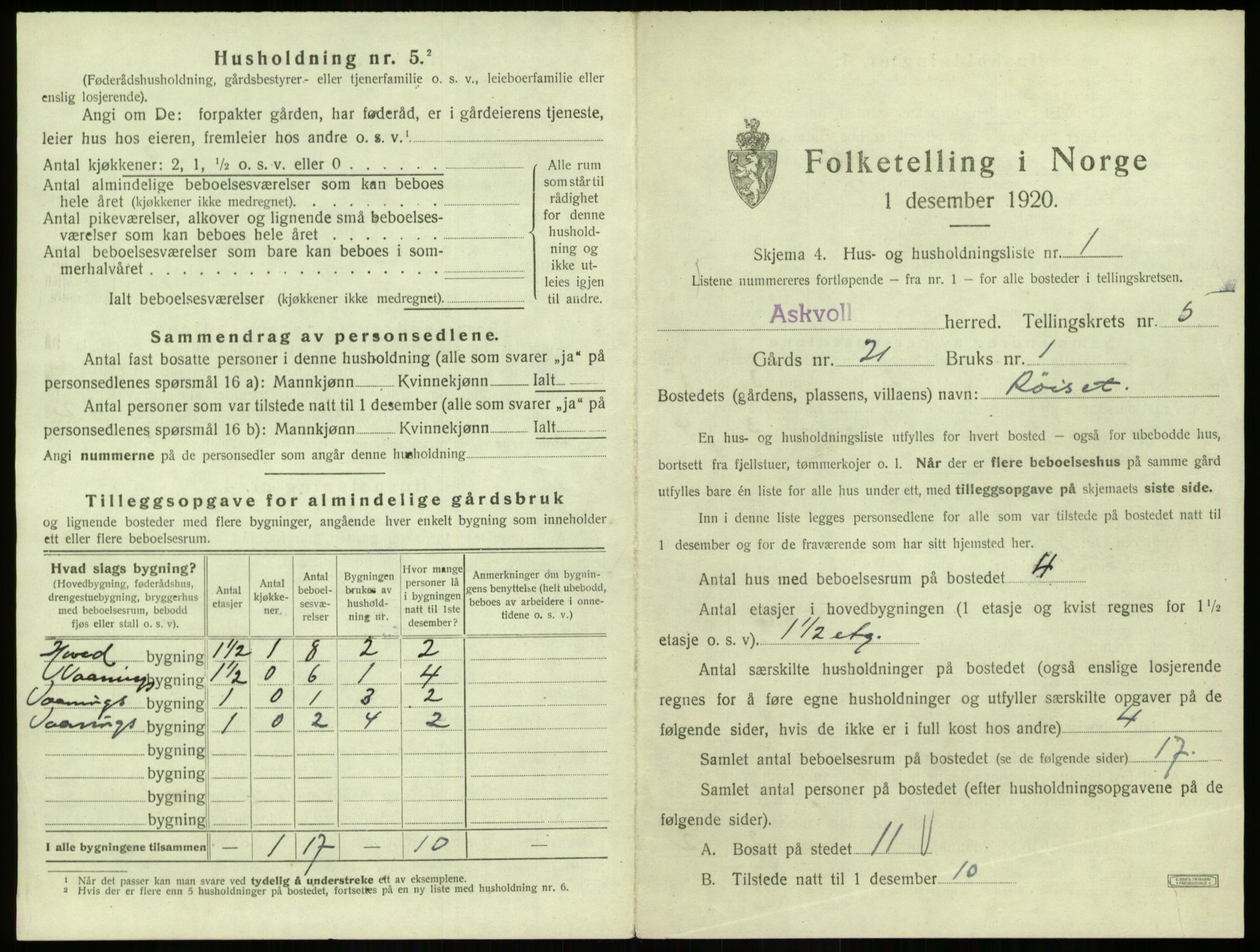 SAB, 1920 census for Askvoll, 1920, p. 267