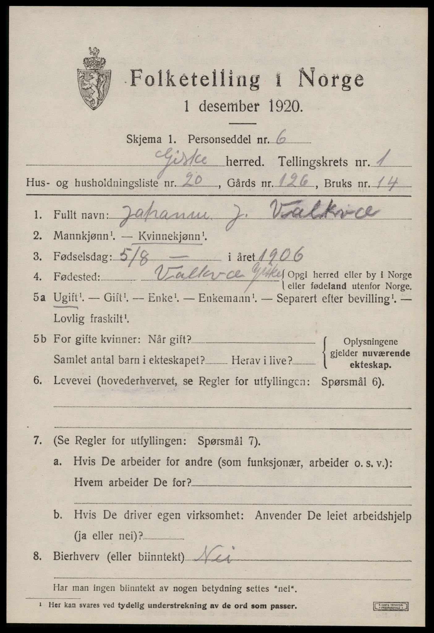 SAT, 1920 census for Giske, 1920, p. 854