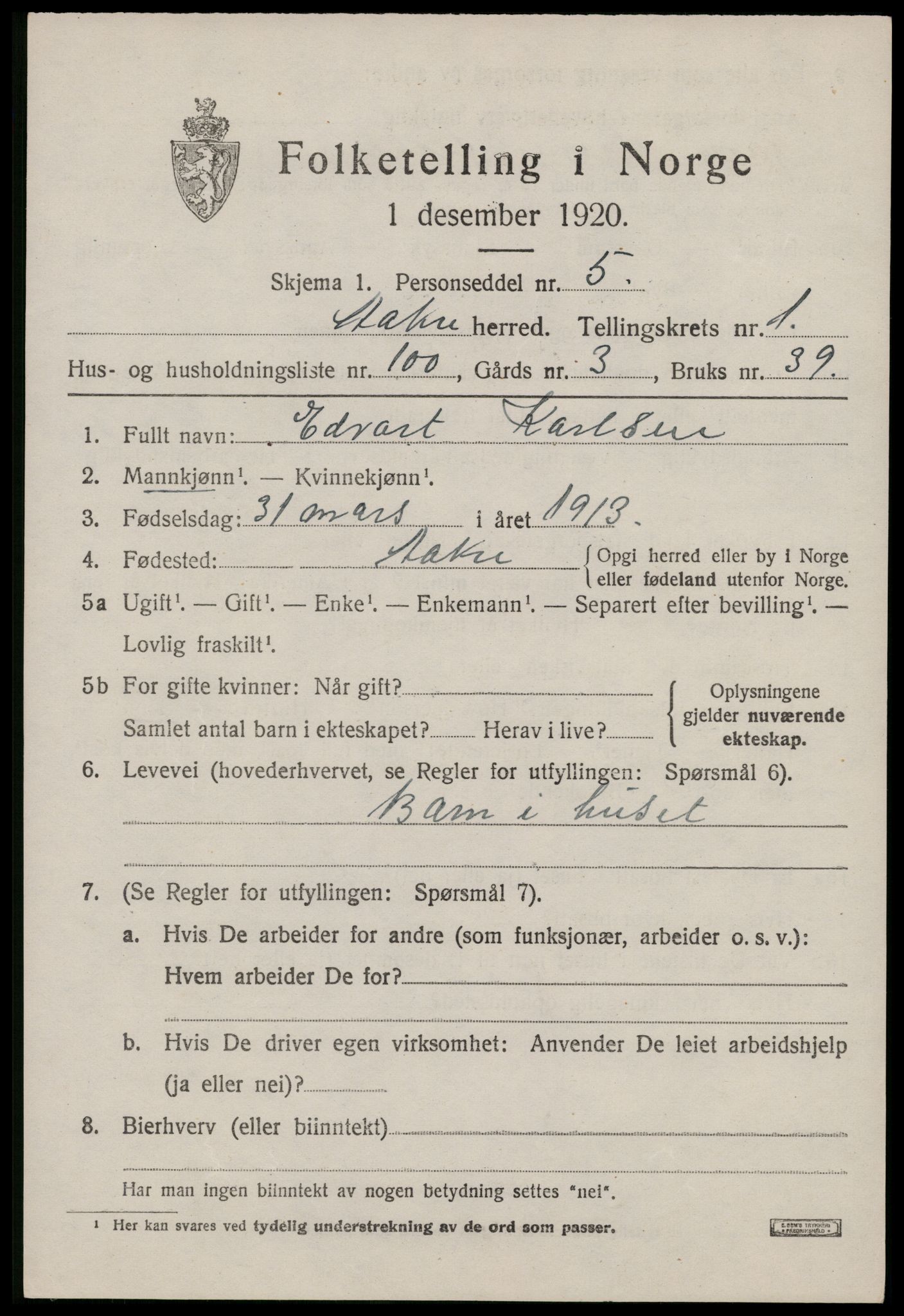SAST, 1920 census for Åkra, 1920, p. 2386