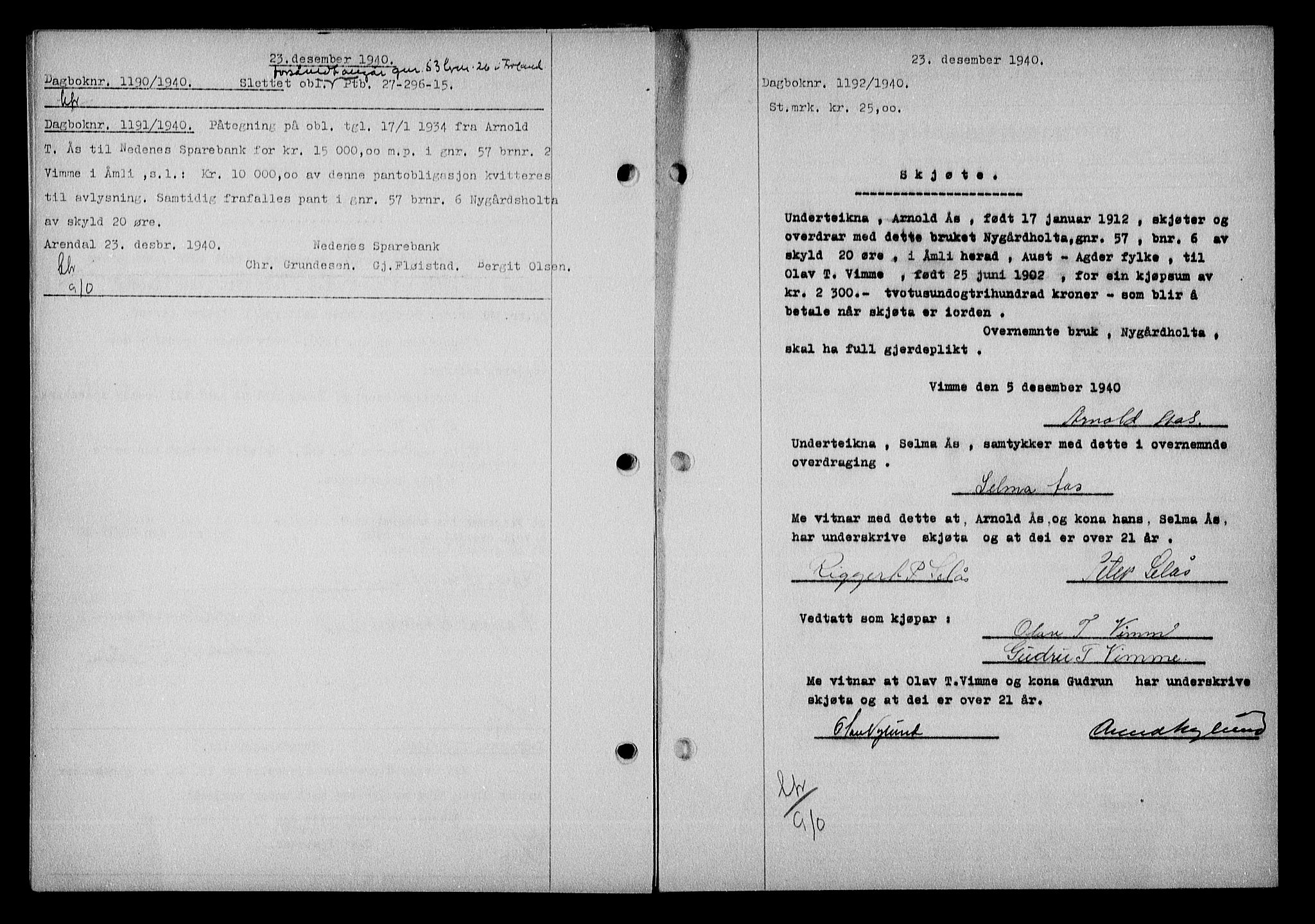 Nedenes sorenskriveri, SAK/1221-0006/G/Gb/Gba/L0048: Mortgage book no. A-II, 1940-1941, Diary no: : 1192/1940