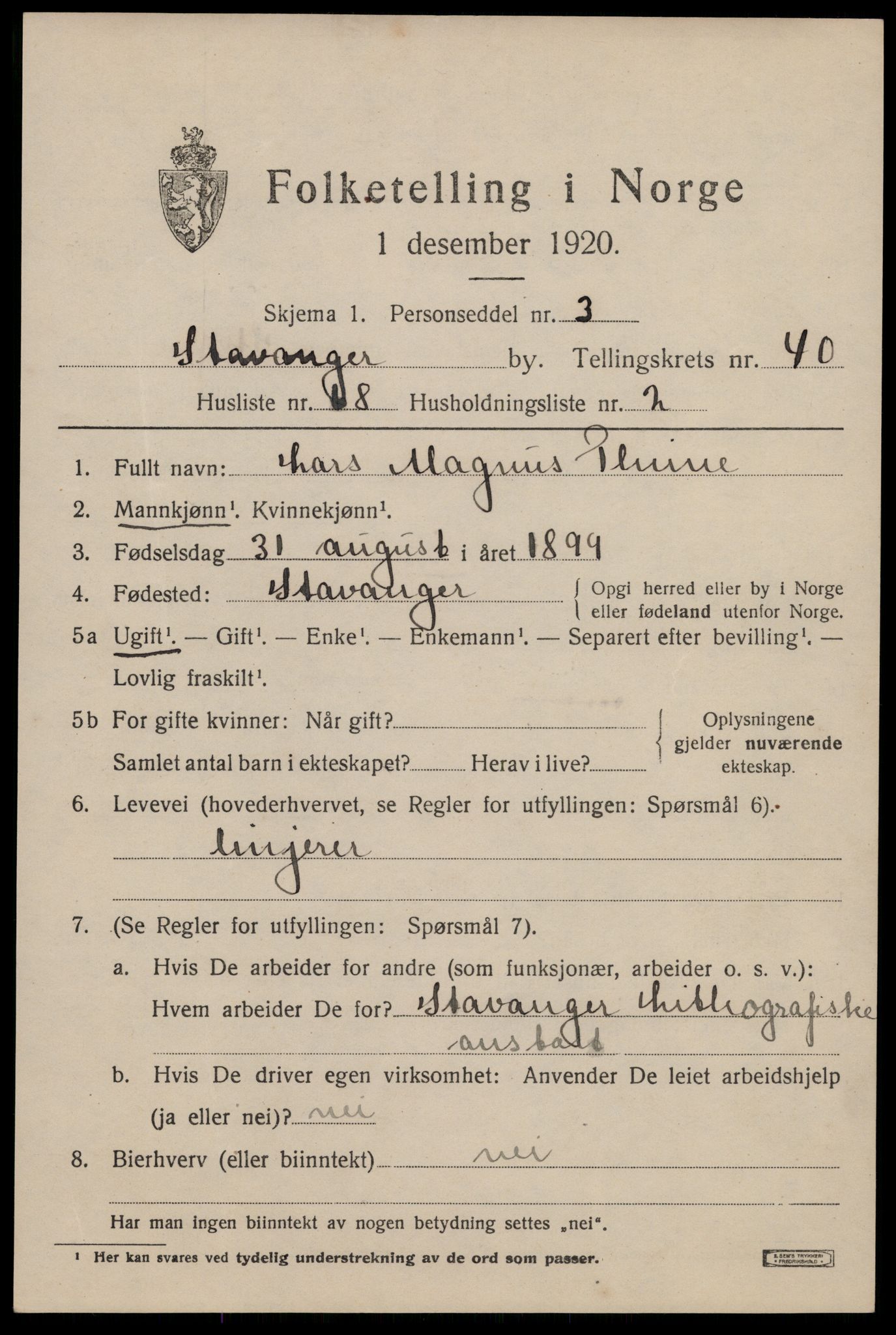SAST, 1920 census for Stavanger, 1920, p. 103116
