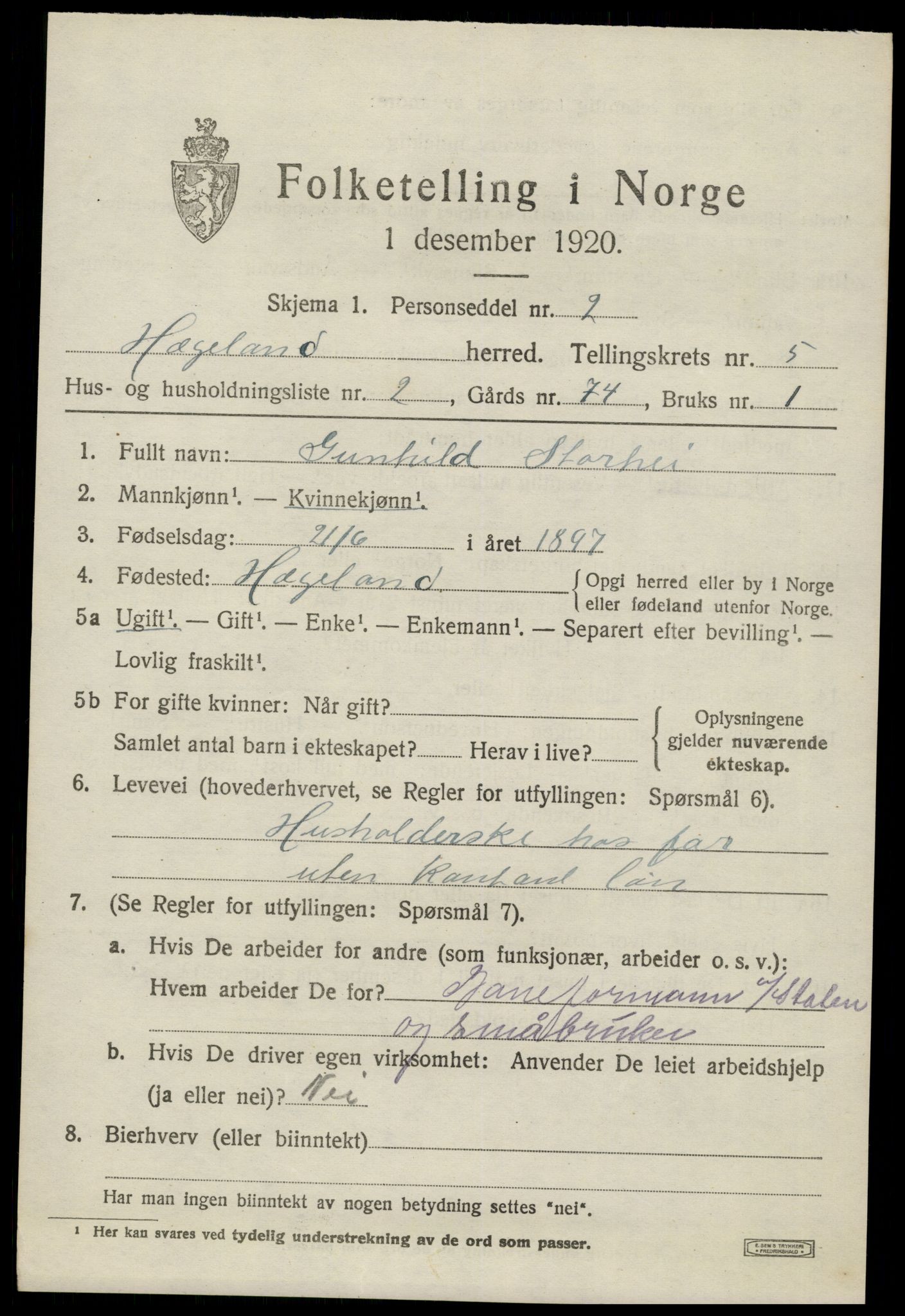 SAK, 1920 census for Hægeland, 1920, p. 1985