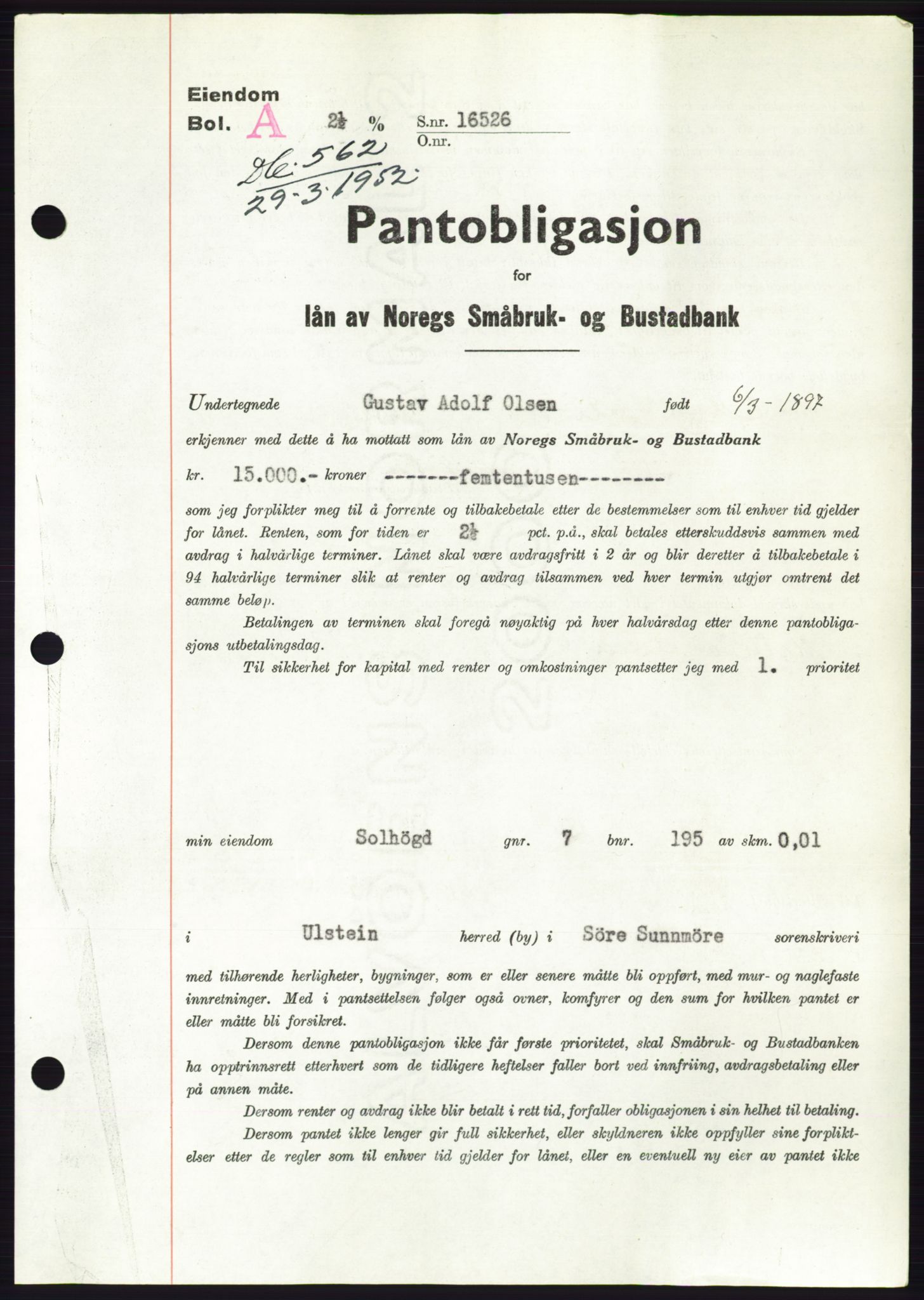 Søre Sunnmøre sorenskriveri, AV/SAT-A-4122/1/2/2C/L0121: Mortgage book no. 9B, 1951-1952, Diary no: : 562/1952