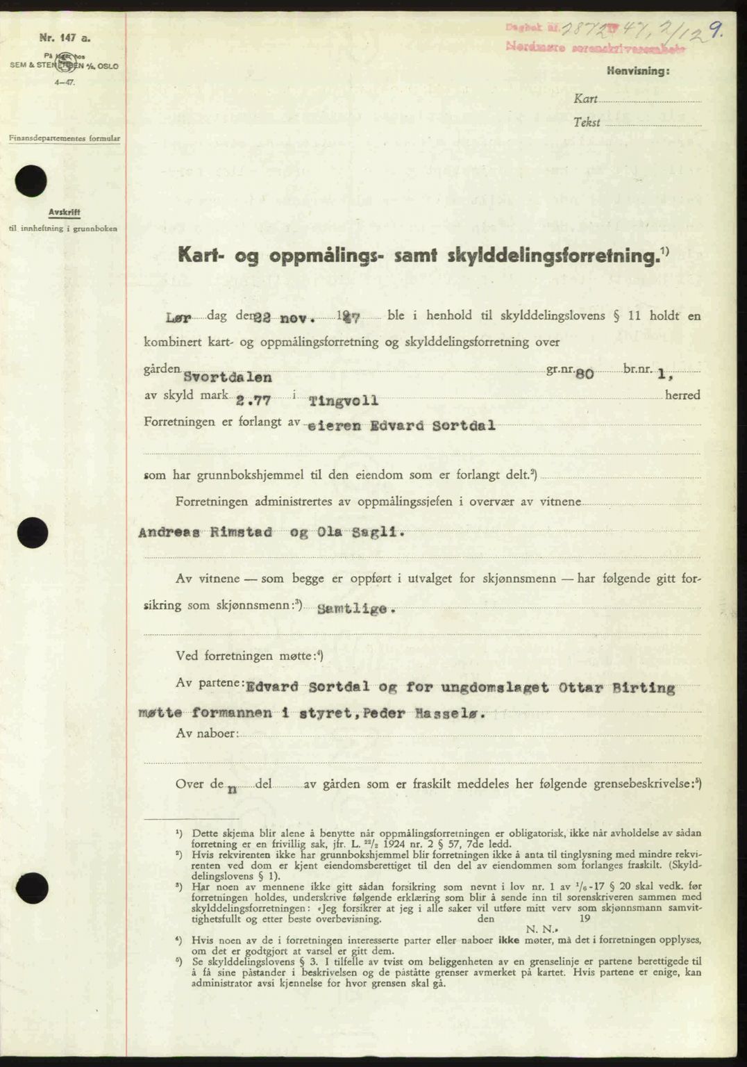 Nordmøre sorenskriveri, AV/SAT-A-4132/1/2/2Ca: Mortgage book no. A107, 1947-1948, Diary no: : 2872/1947