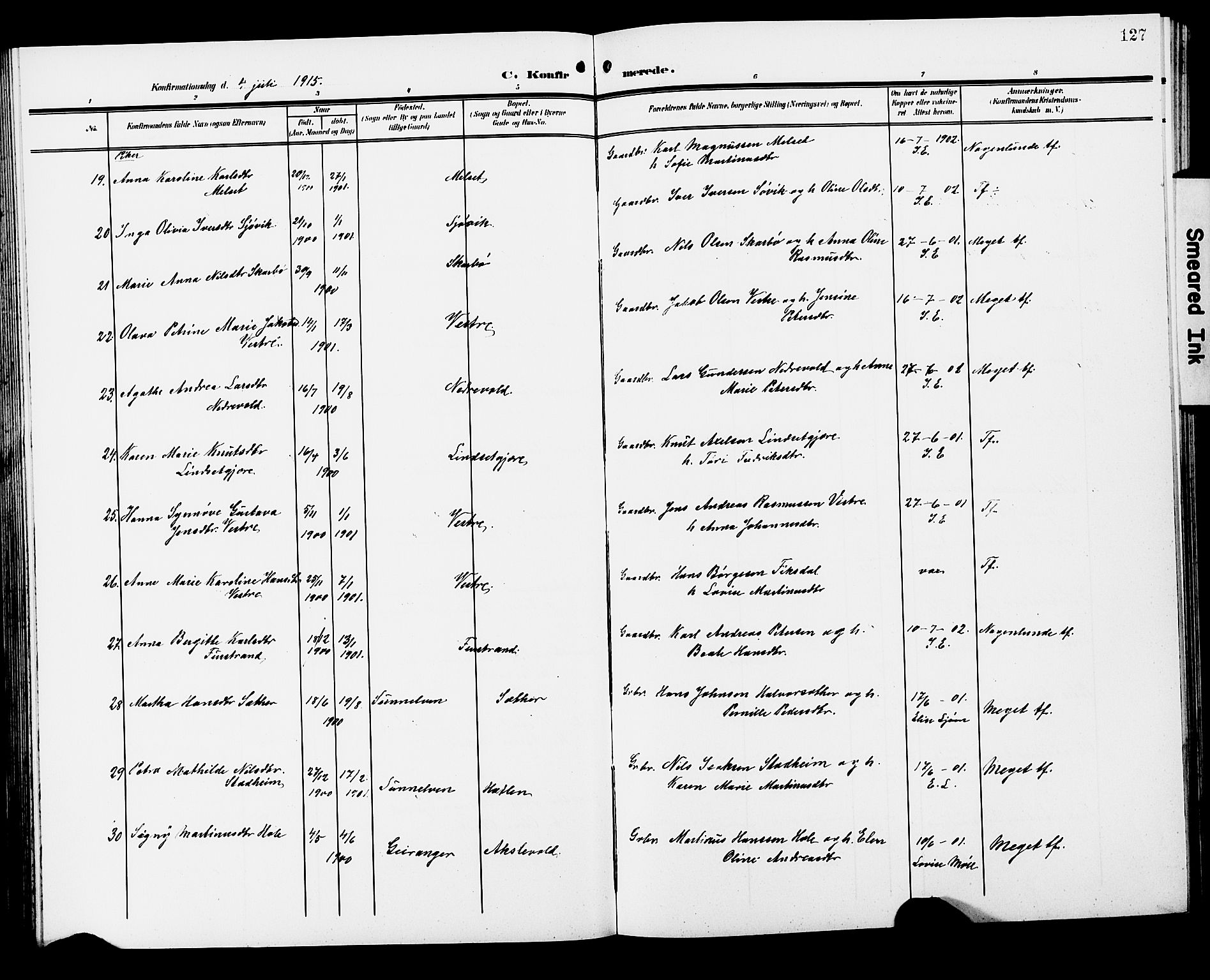 Ministerialprotokoller, klokkerbøker og fødselsregistre - Møre og Romsdal, AV/SAT-A-1454/522/L0328: Parish register (copy) no. 522C07, 1909-1925, p. 127