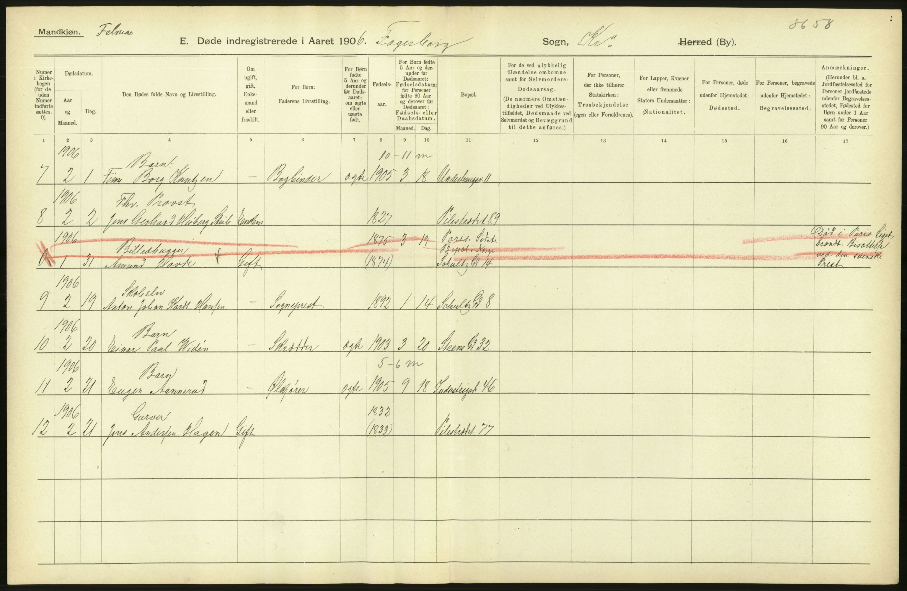 Statistisk sentralbyrå, Sosiodemografiske emner, Befolkning, RA/S-2228/D/Df/Dfa/Dfad/L0010: Kristiania: Døde, dødfødte, 1906, p. 144