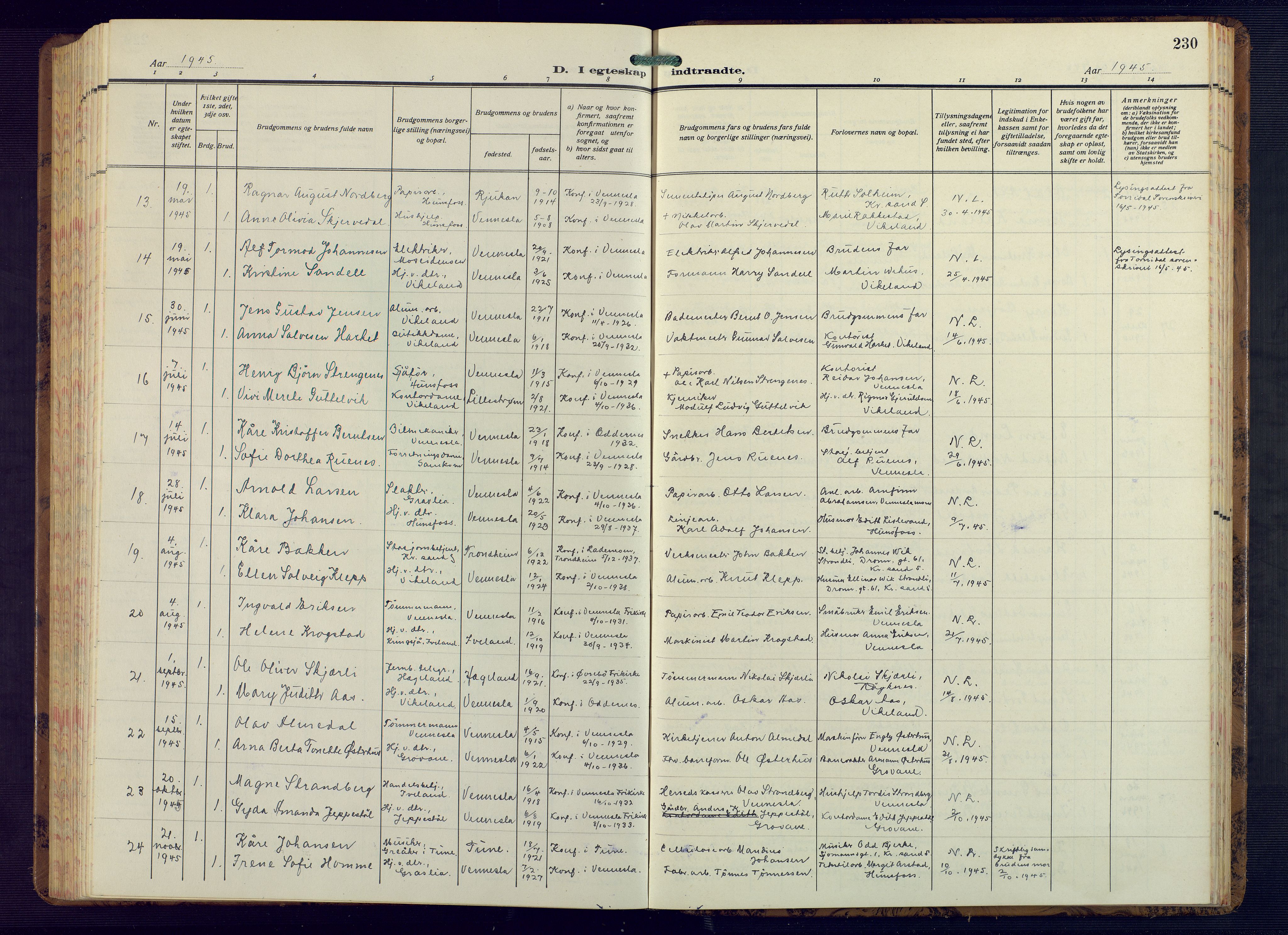 Vennesla sokneprestkontor, AV/SAK-1111-0045/Fb/Fbb/L0008: Parish register (copy) no. B 8, 1934-1947, p. 230