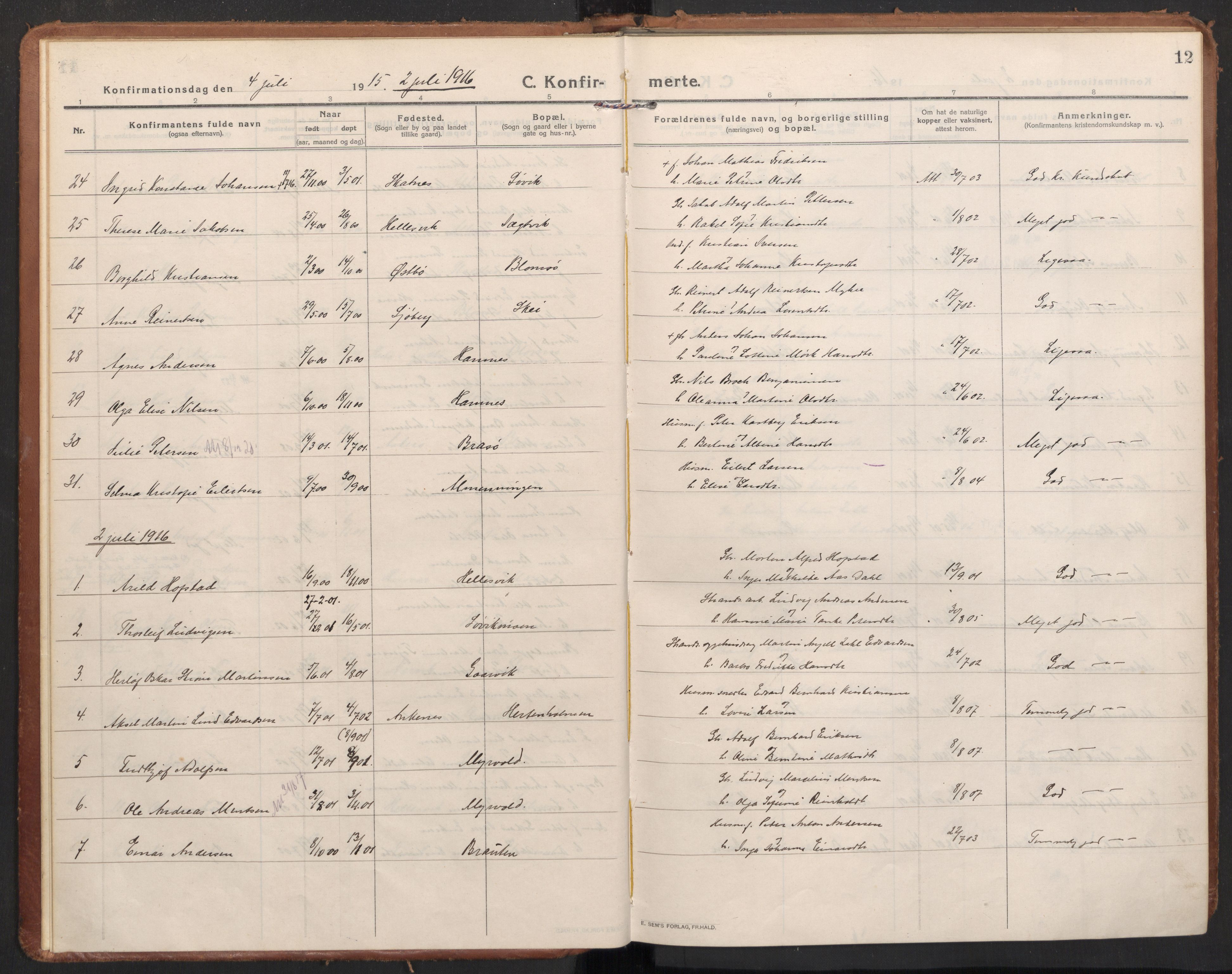 Ministerialprotokoller, klokkerbøker og fødselsregistre - Nordland, SAT/A-1459/830/L0456: Parish register (official) no. 830A20, 1914-1937, p. 12