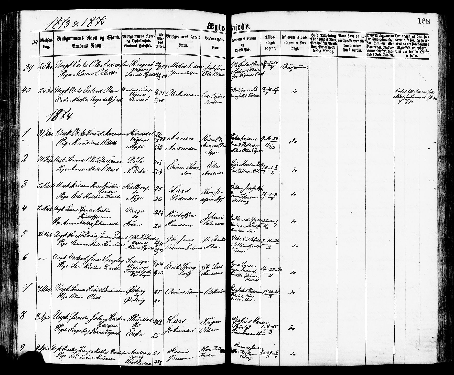 Avaldsnes sokneprestkontor, SAST/A -101851/H/Ha/Haa/L0012: Parish register (official) no. A 12, 1865-1880, p. 168