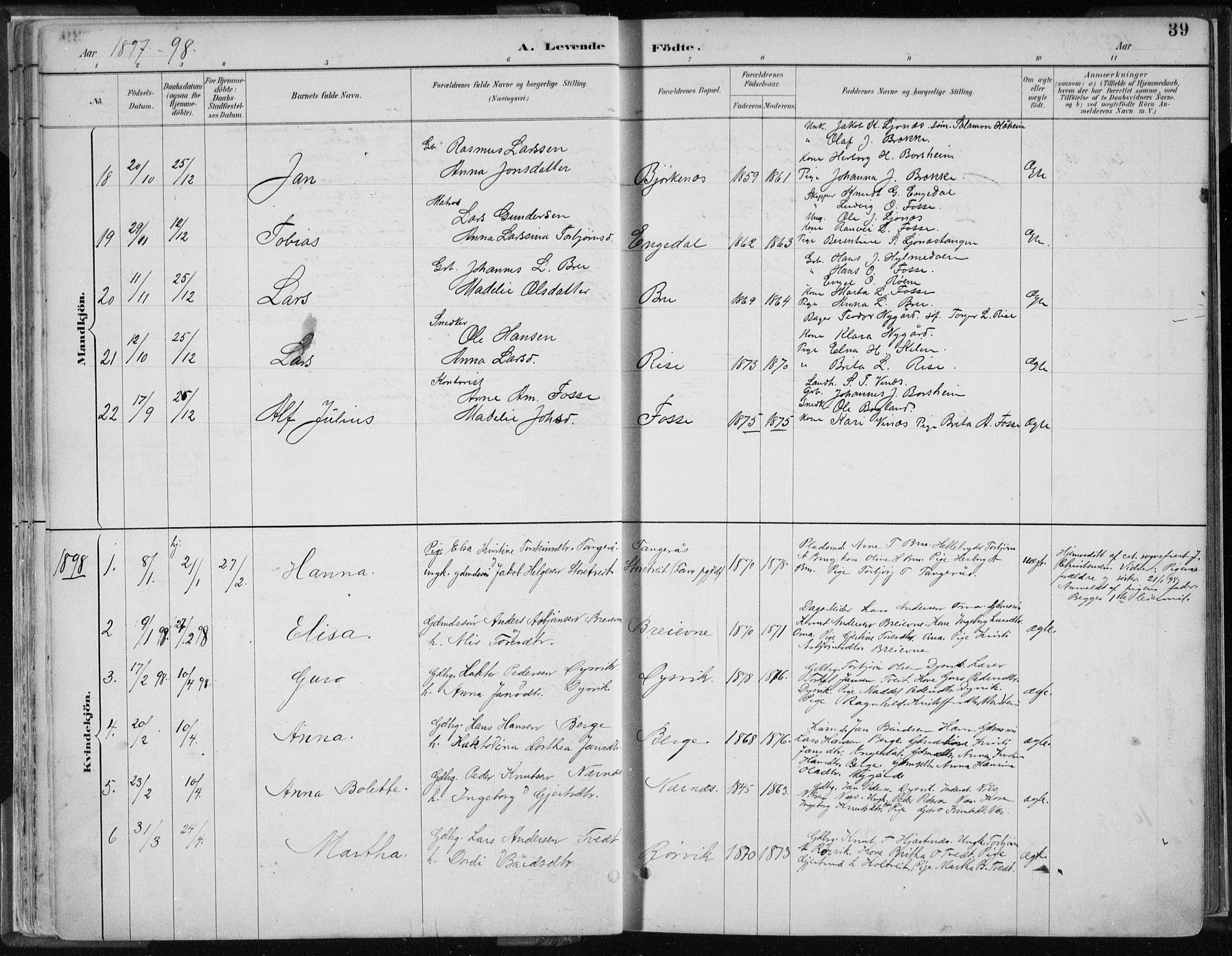 Strandebarm sokneprestembete, AV/SAB-A-78401/H/Haa: Parish register (official) no. B  1, 1886-1908, p. 39