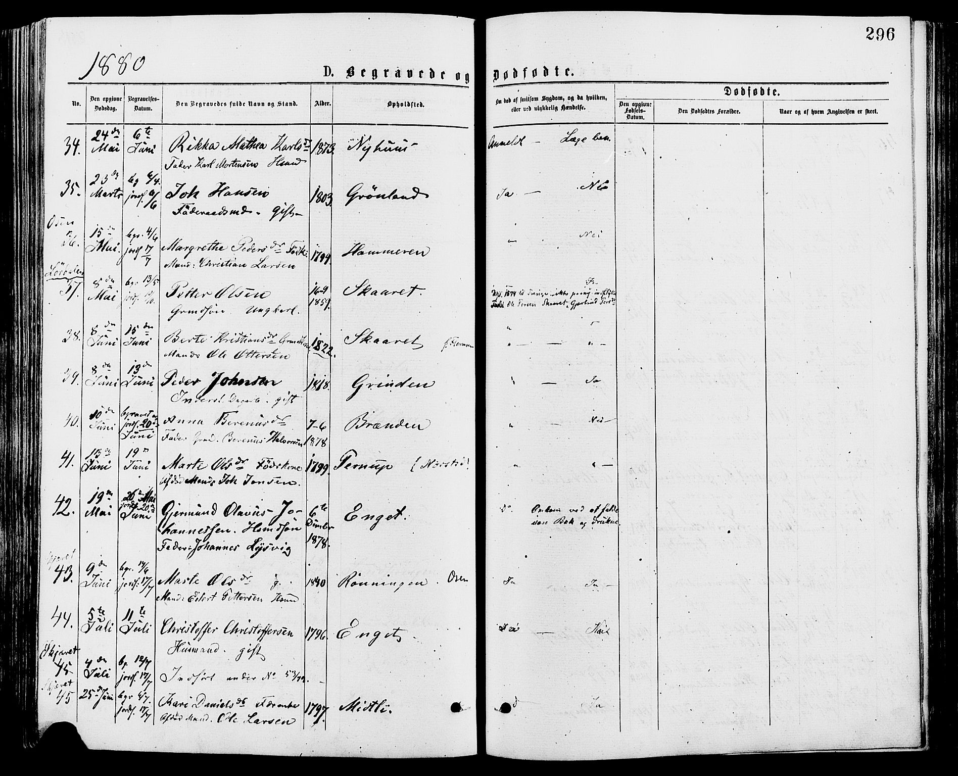 Trysil prestekontor, AV/SAH-PREST-046/H/Ha/Haa/L0007: Parish register (official) no. 7, 1874-1880, p. 296