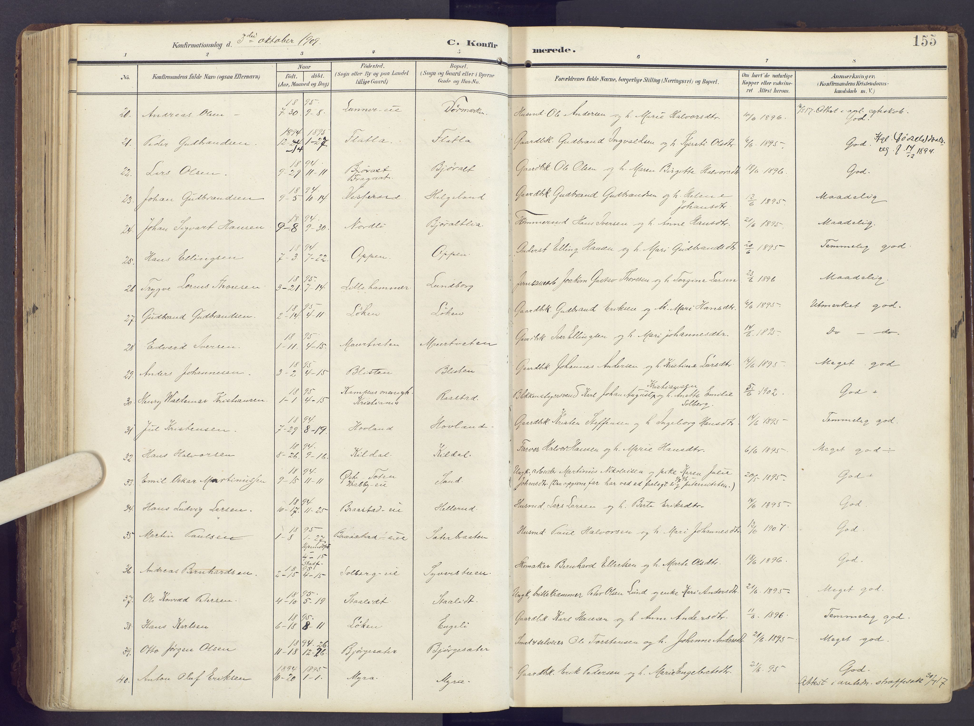 Lunner prestekontor, AV/SAH-PREST-118/H/Ha/Haa/L0001: Parish register (official) no. 1, 1907-1922, p. 155