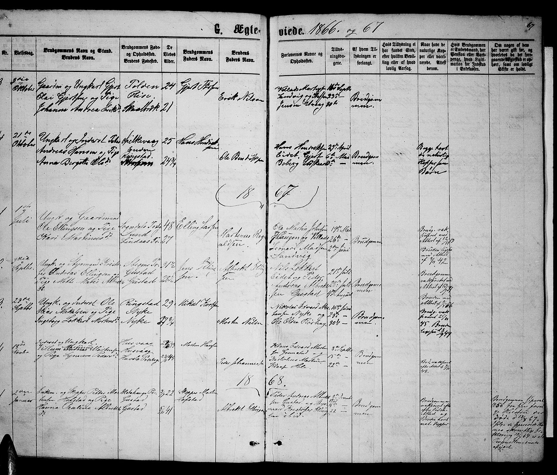 Ministerialprotokoller, klokkerbøker og fødselsregistre - Nordland, AV/SAT-A-1459/892/L1324: Parish register (copy) no. 892C01, 1865-1879, p. 67