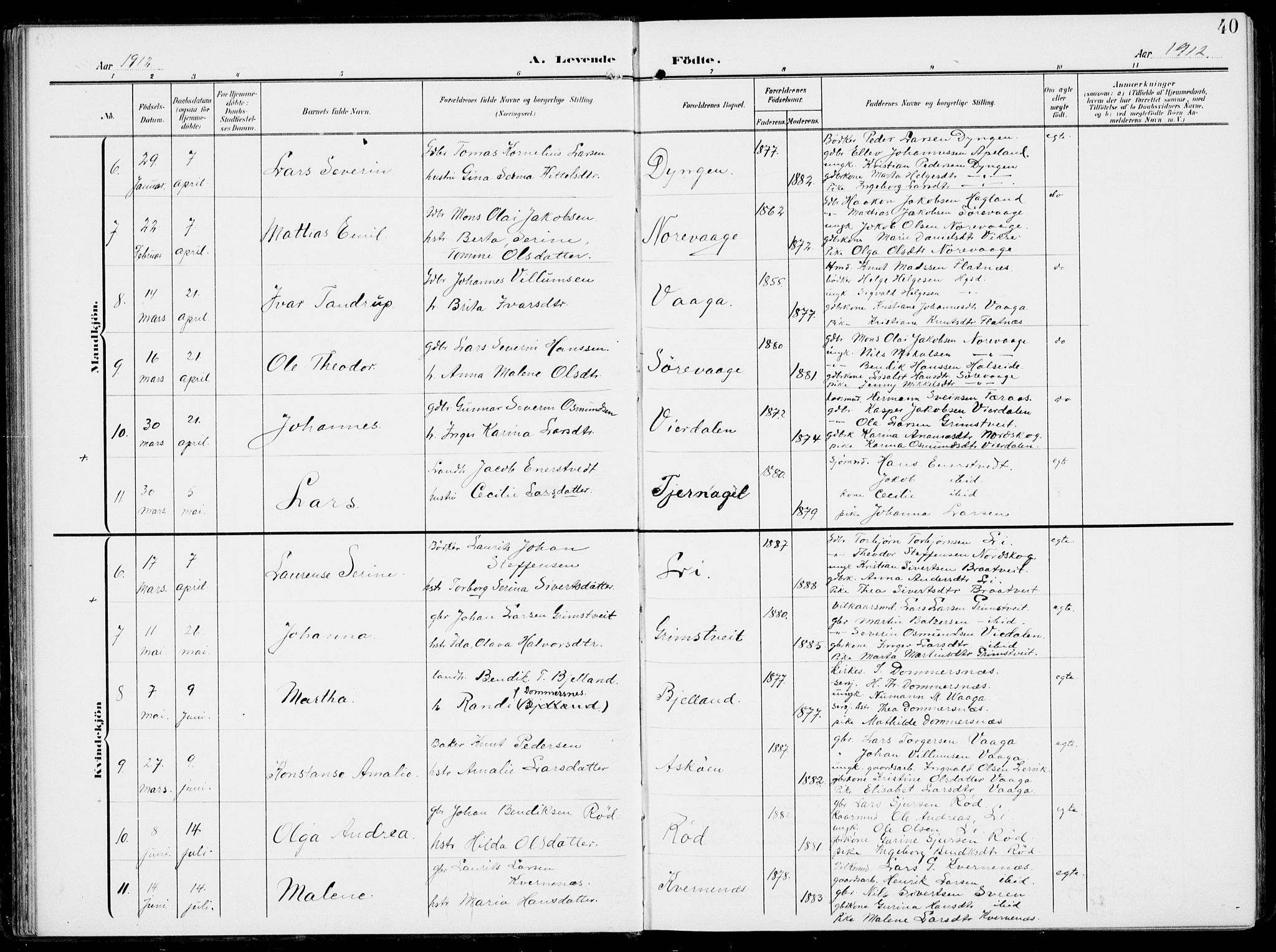 Sveio Sokneprestembete, SAB/A-78501/H/Haa: Parish register (official) no. B  4, 1906-1919, p. 40