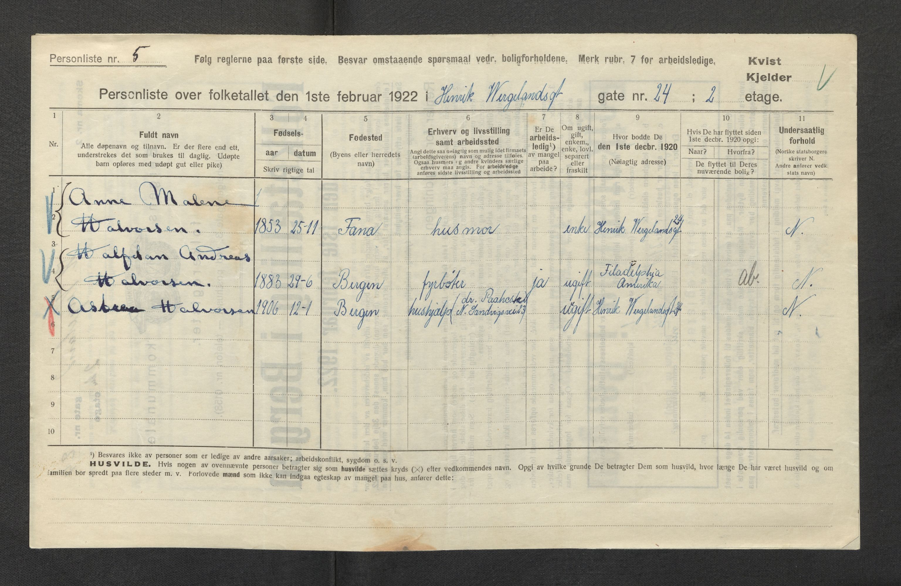 SAB, Municipal Census 1922 for Bergen, 1922, p. 14802