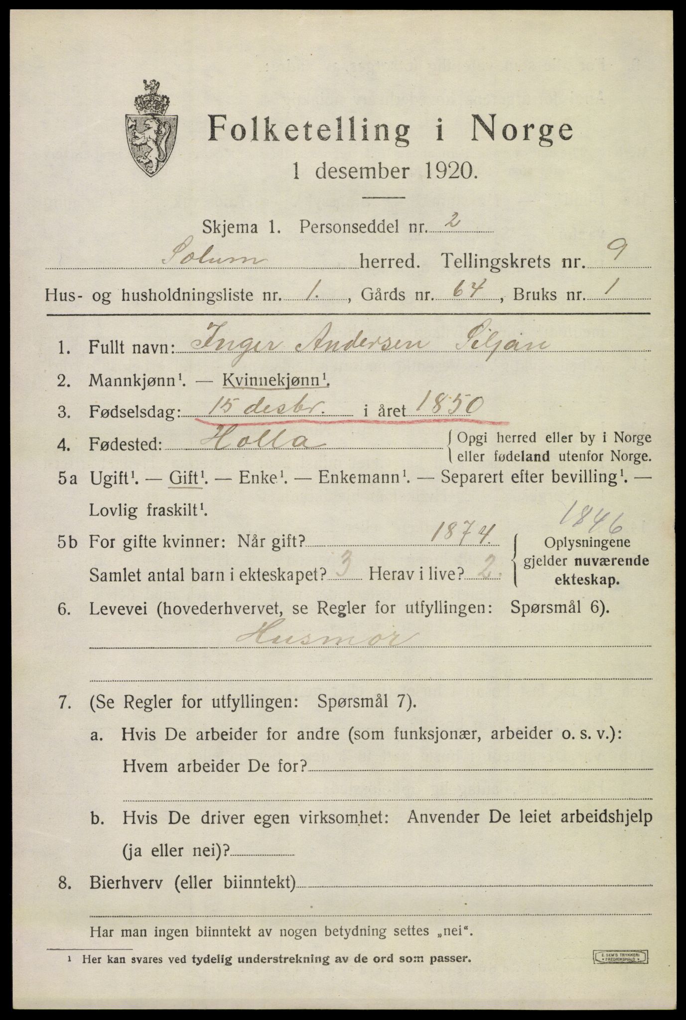 SAKO, 1920 census for Solum, 1920, p. 14640