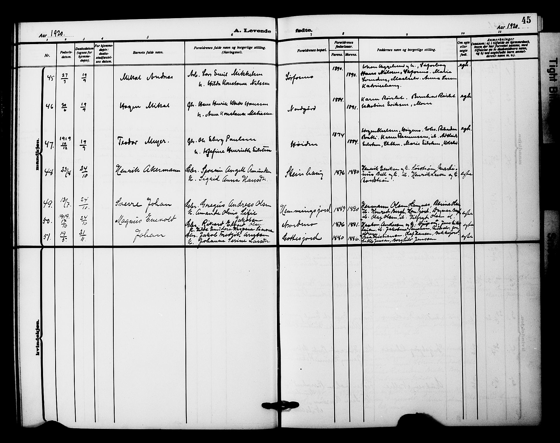 Tranøy sokneprestkontor, AV/SATØ-S-1313/I/Ia/Iab/L0023klokker: Parish register (copy) no. 23, 1913-1928, p. 45