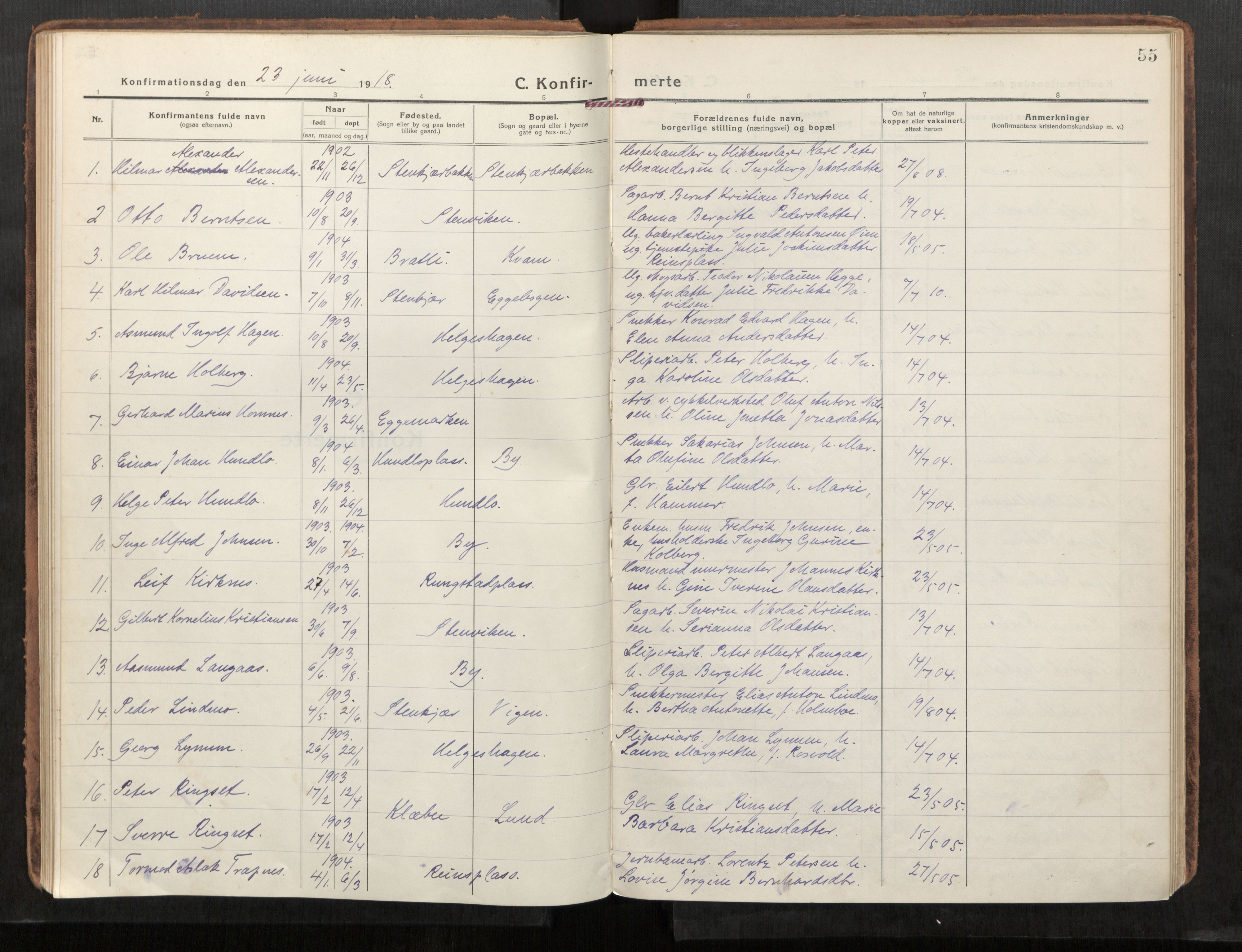 Steinkjer sokneprestkontor, SAT/A-1541/01/H/Ha/Haa/L0004: Parish register (official) no. 4, 1918-1924, p. 55