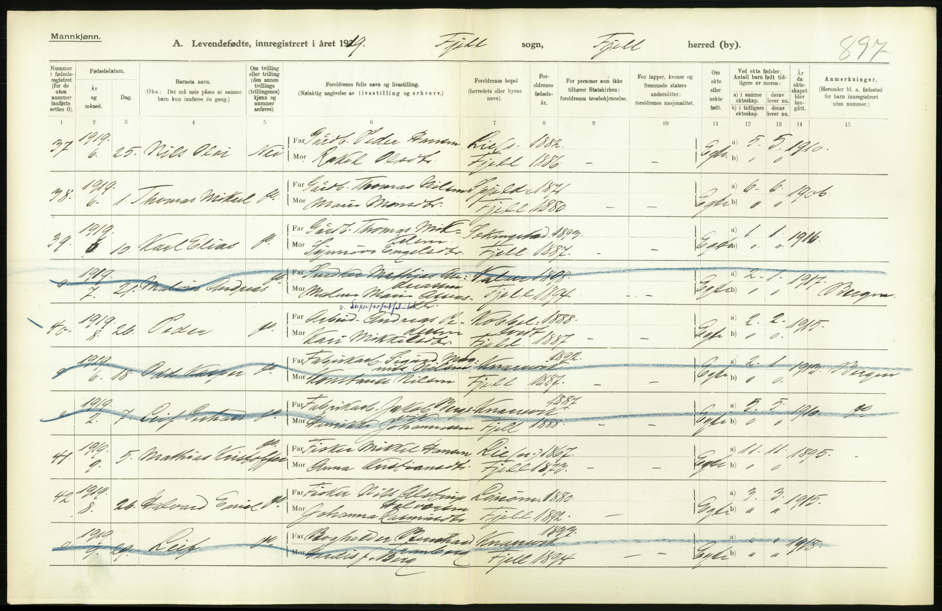 Statistisk sentralbyrå, Sosiodemografiske emner, Befolkning, RA/S-2228/D/Df/Dfb/Dfbi/L0031: Hordaland fylke: Levendefødte menn og kvinner. Bygder., 1919, p. 244