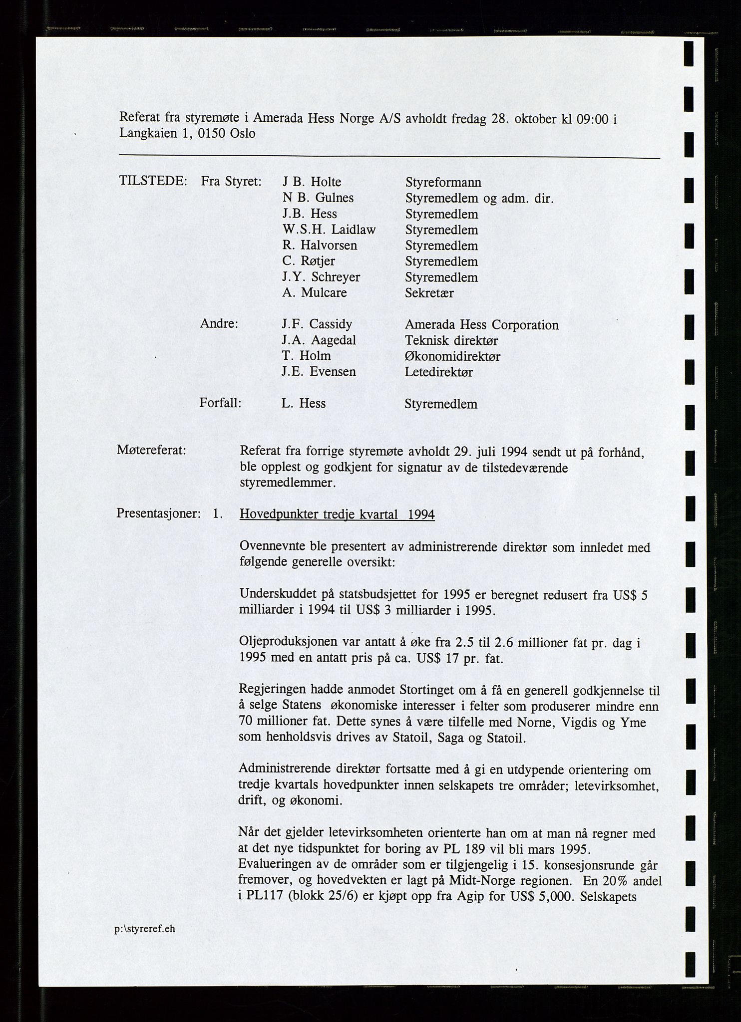 Pa 1766 - Hess Norge AS, AV/SAST-A-102451/A/Aa/L0001: Referater og sakspapirer, 1995-1997, p. 9