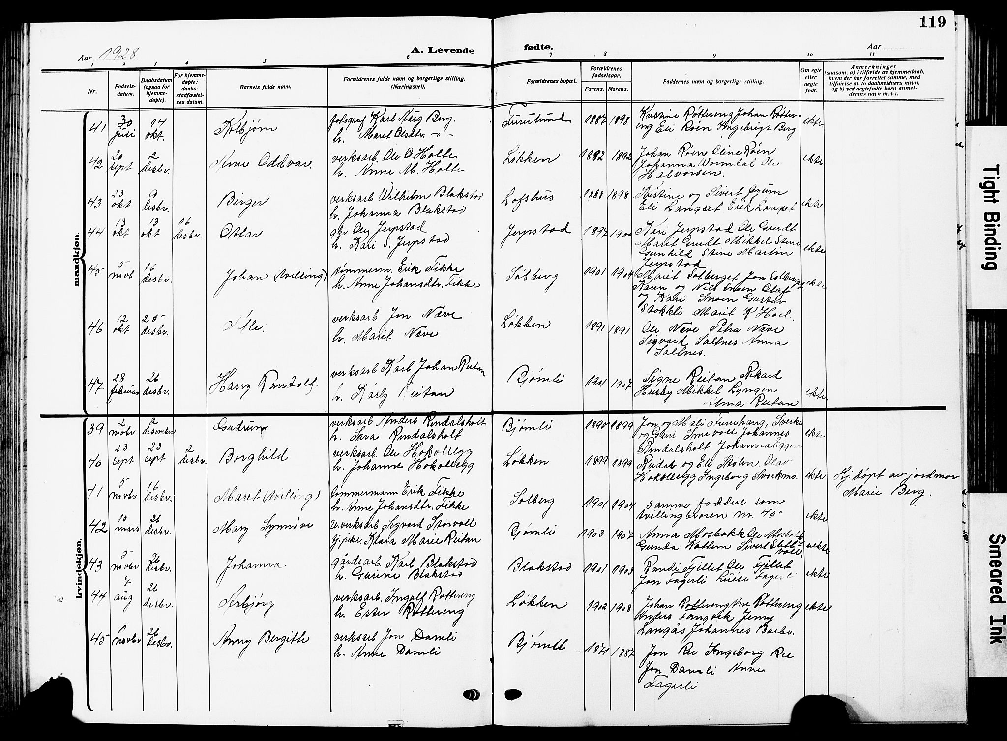 Ministerialprotokoller, klokkerbøker og fødselsregistre - Sør-Trøndelag, SAT/A-1456/672/L0865: Parish register (copy) no. 672C04, 1914-1928, p. 119