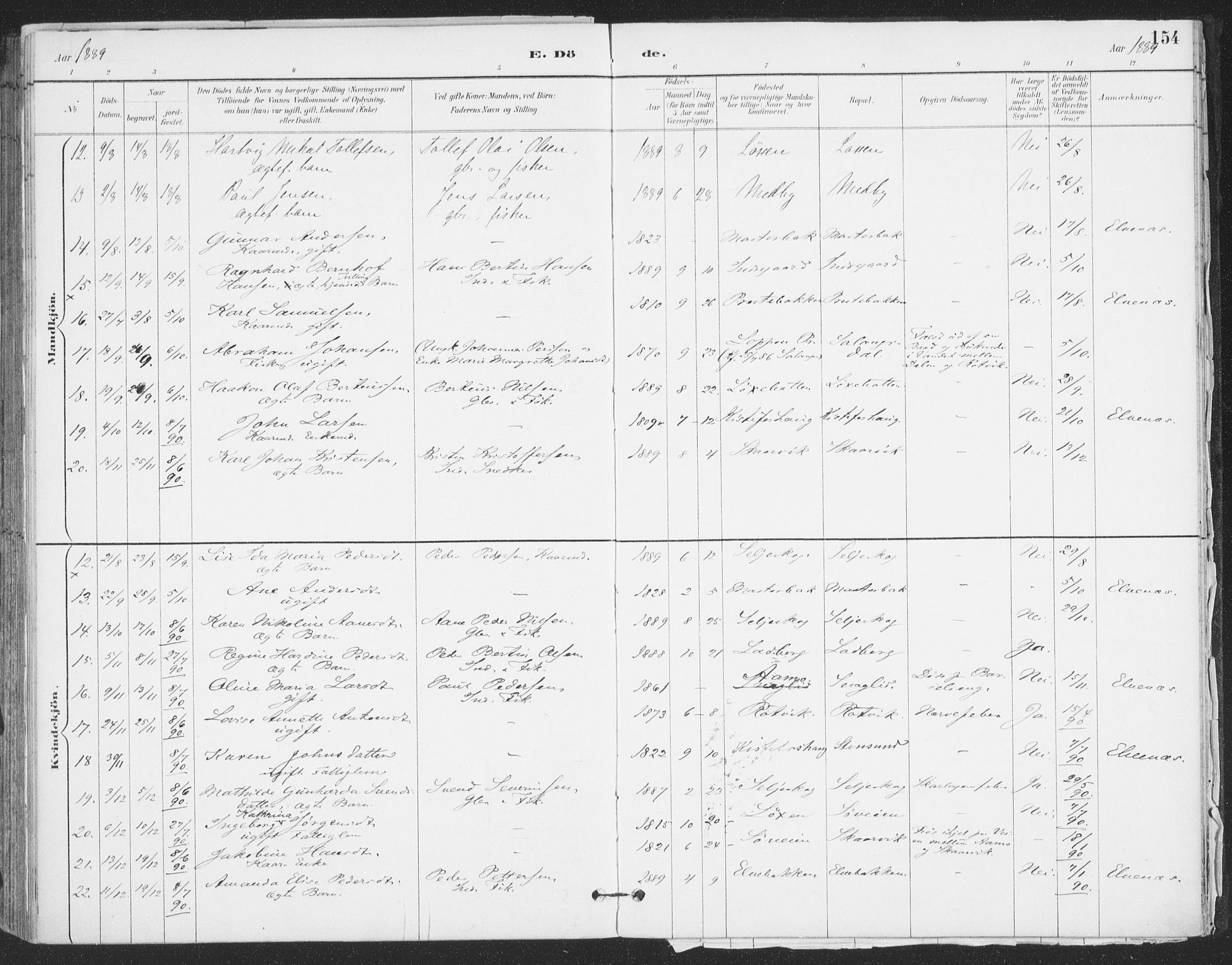 Ibestad sokneprestembete, AV/SATØ-S-0077/H/Ha/Haa/L0015kirke: Parish register (official) no. 15, 1888-1899, p. 154