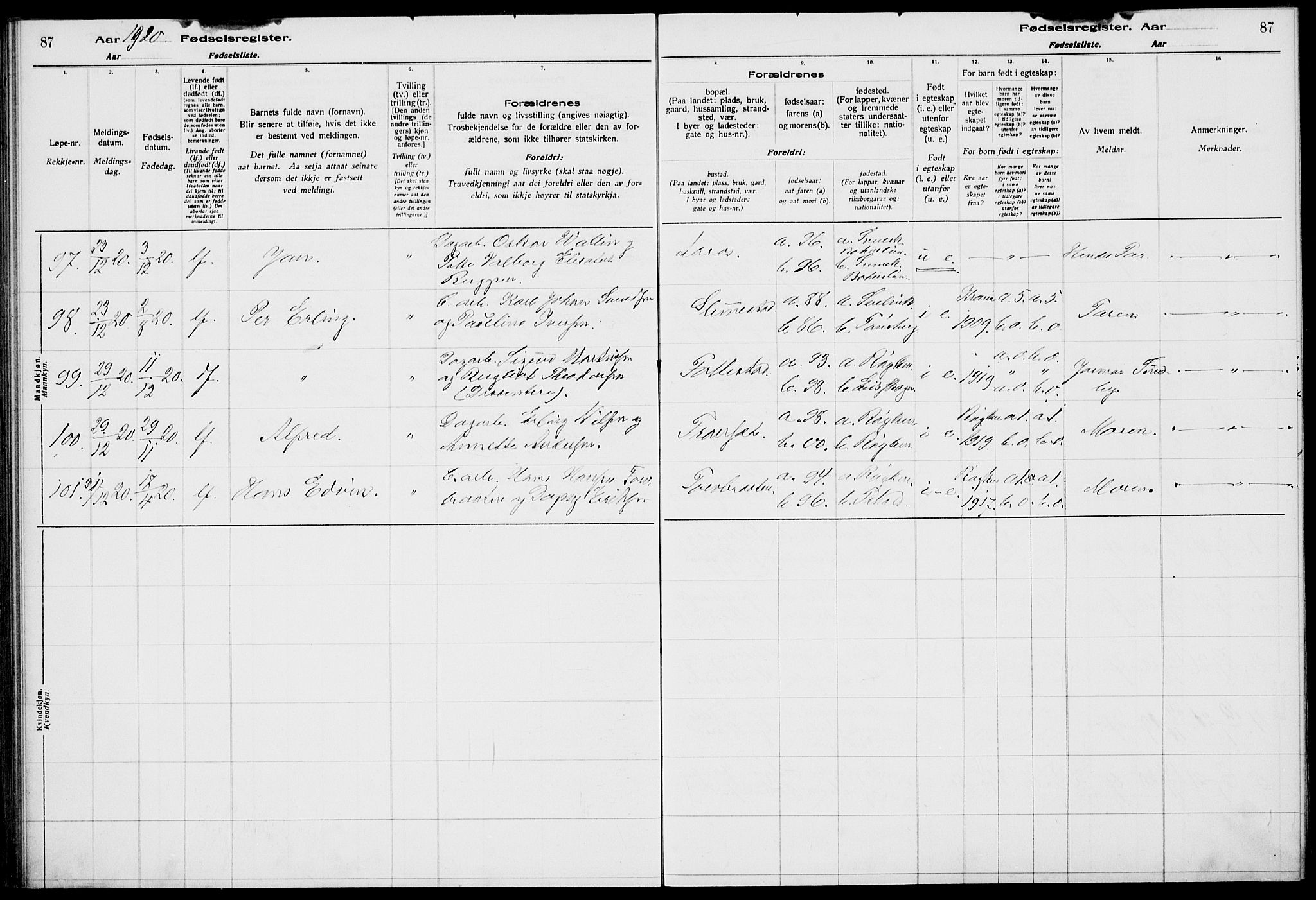 Røyken kirkebøker, AV/SAKO-A-241/J/Ja/L0001: Birth register no. 1, 1916-1927, p. 87