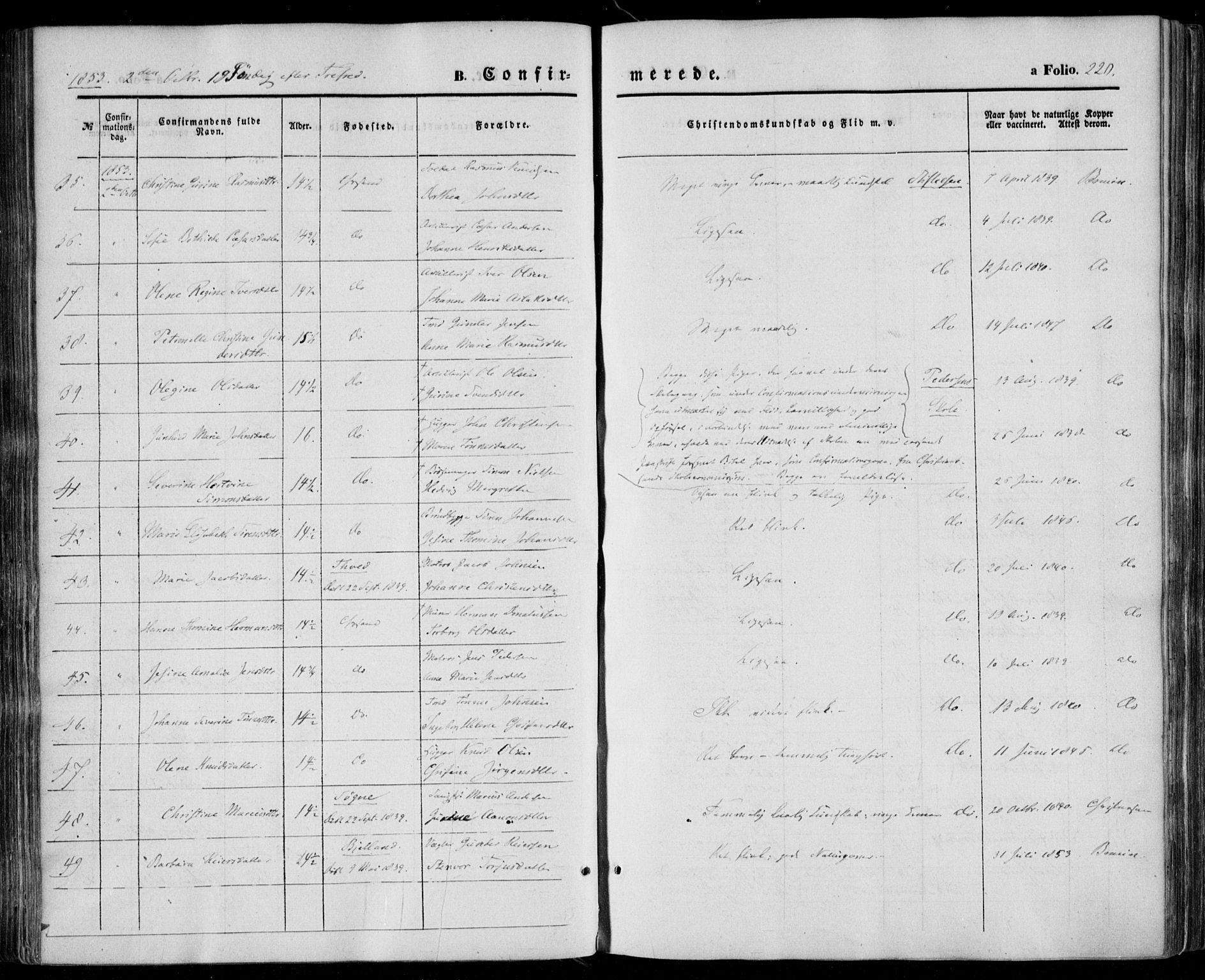 Kristiansand domprosti, SAK/1112-0006/F/Fa/L0014: Parish register (official) no. A 14, 1852-1867, p. 220