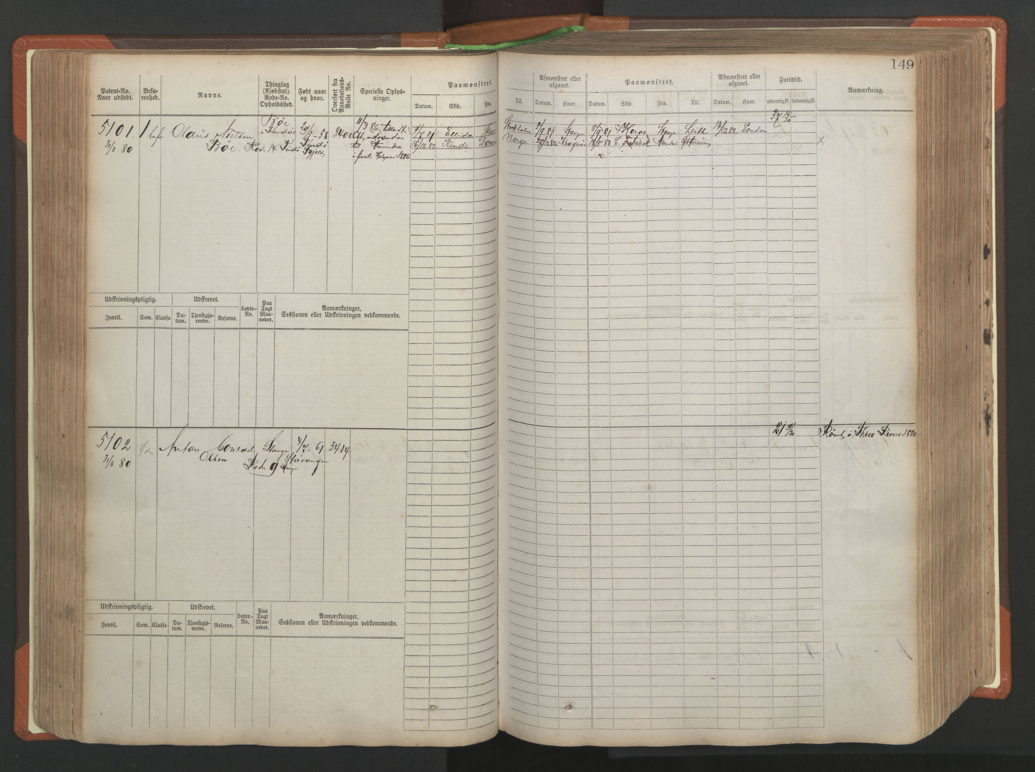 Stavanger sjømannskontor, SAST/A-102006/F/Fb/Fbb/L0009: Sjøfartshovedrulle, patentnr. 4805-6006, 1879-1887, p. 155