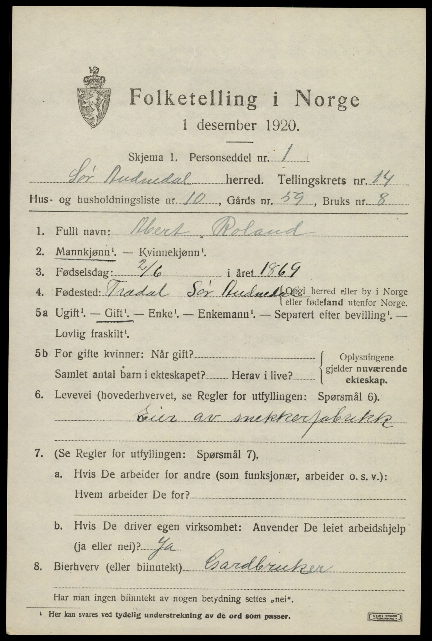 SAK, 1920 census for Sør-Audnedal, 1920, p. 5255
