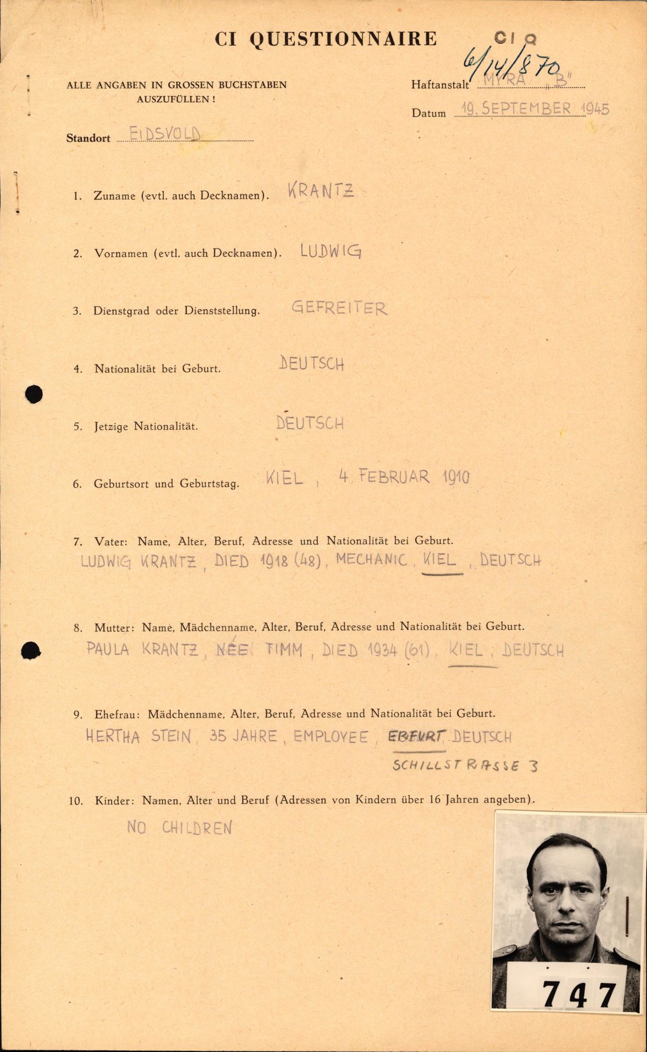 Forsvaret, Forsvarets overkommando II, AV/RA-RAFA-3915/D/Db/L0018: CI Questionaires. Tyske okkupasjonsstyrker i Norge. Tyskere., 1945-1946, p. 42