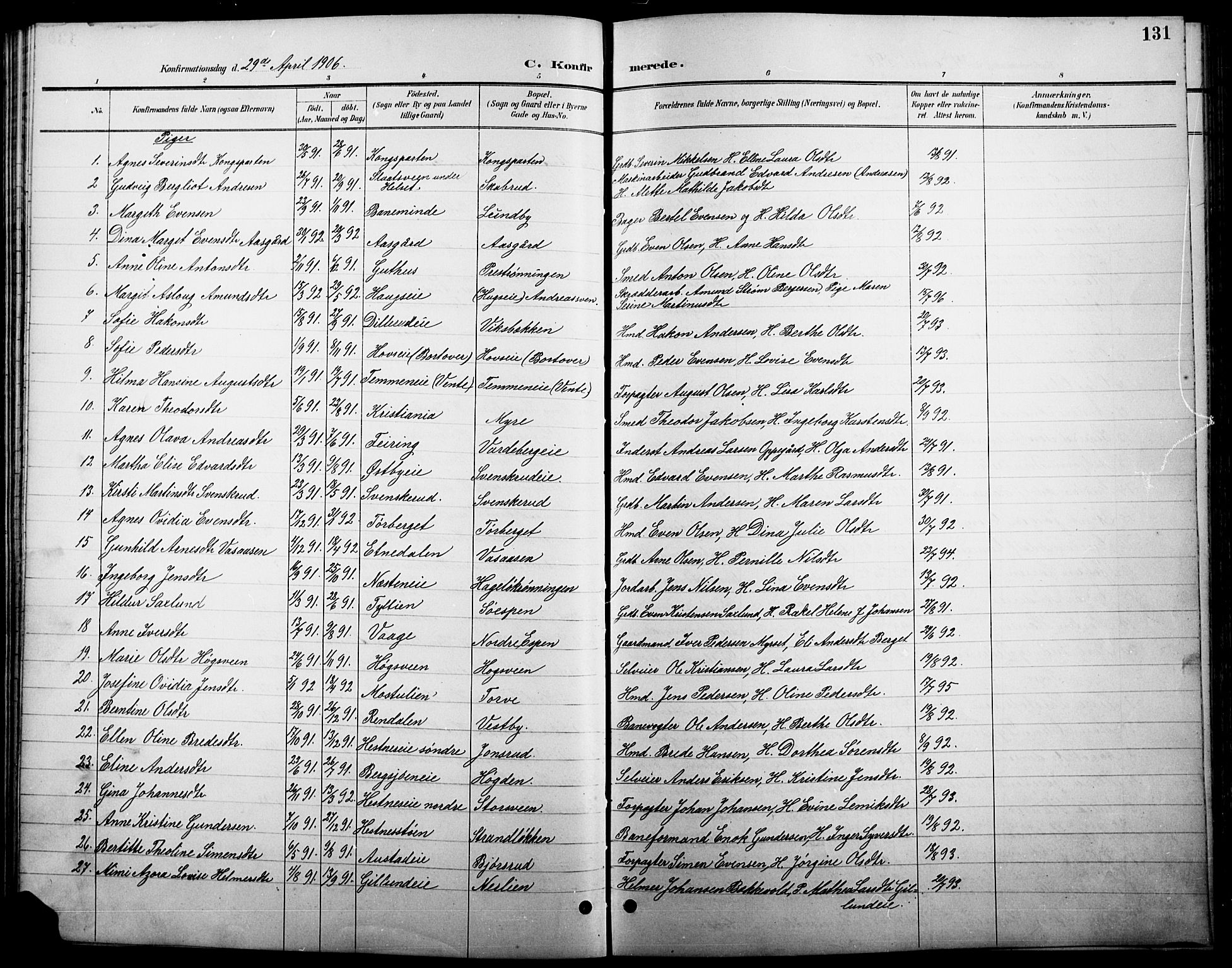 Stange prestekontor, SAH/PREST-002/L/L0011: Parish register (copy) no. 11, 1895-1917, p. 131