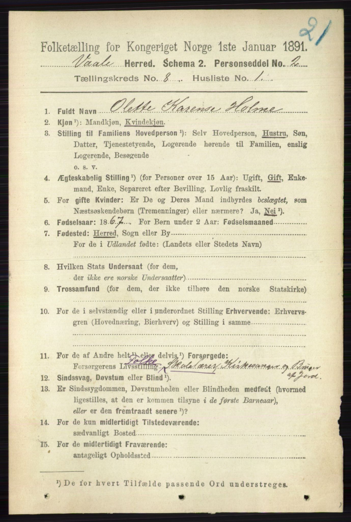 RA, 1891 census for 0716 Våle, 1891, p. 2865