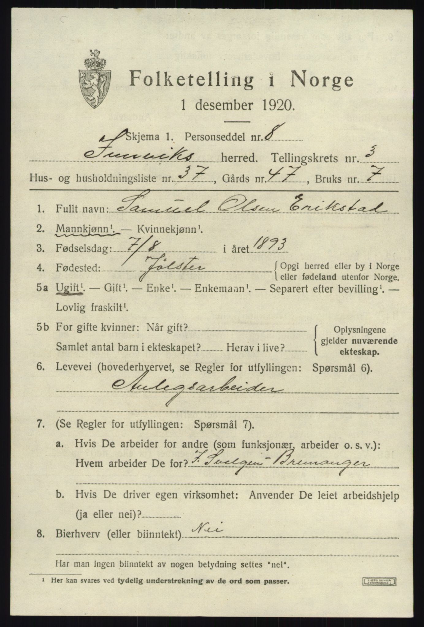 SAB, 1920 census for Innvik, 1920, p. 2167