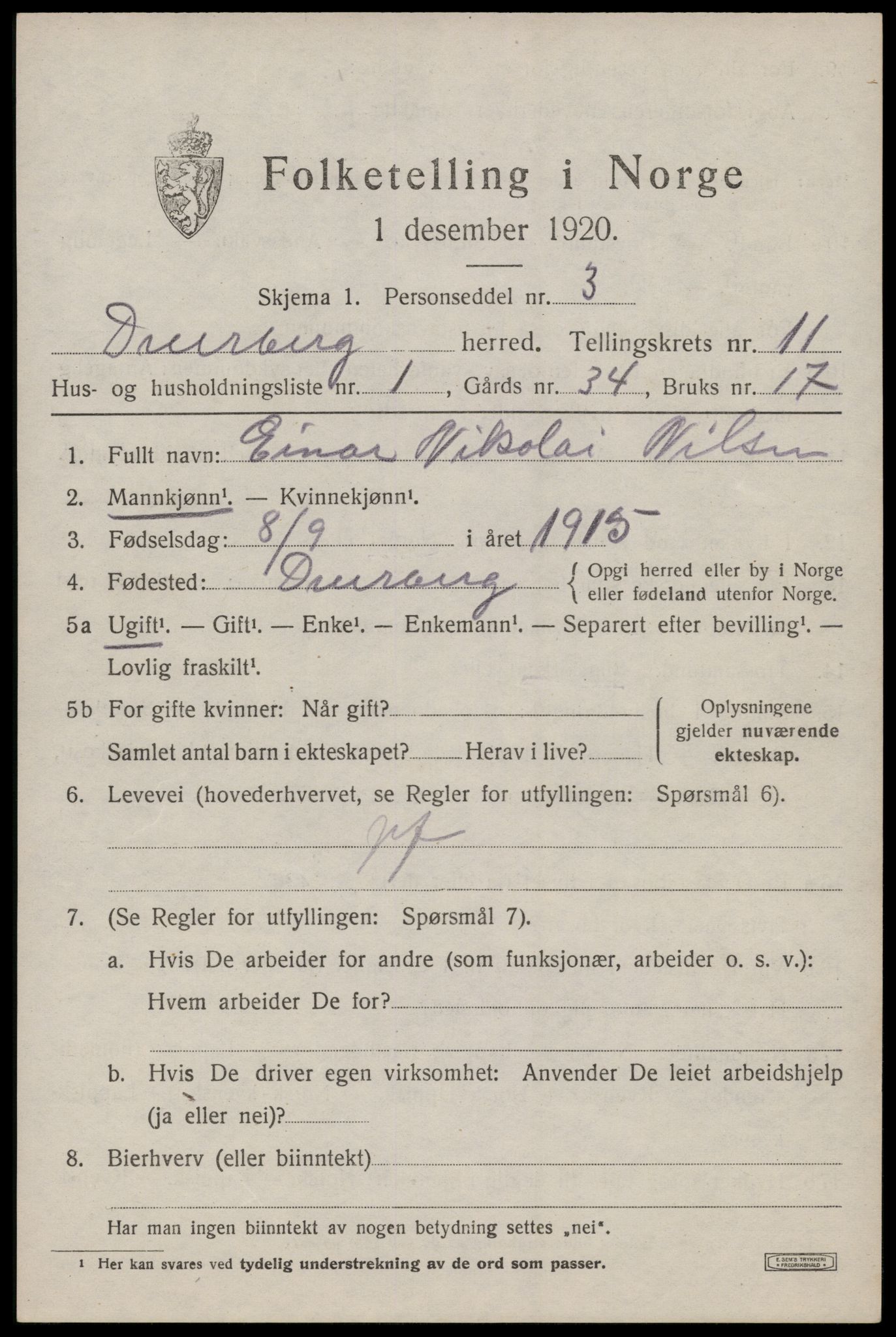 SAT, 1920 census for Dverberg, 1920, p. 8778