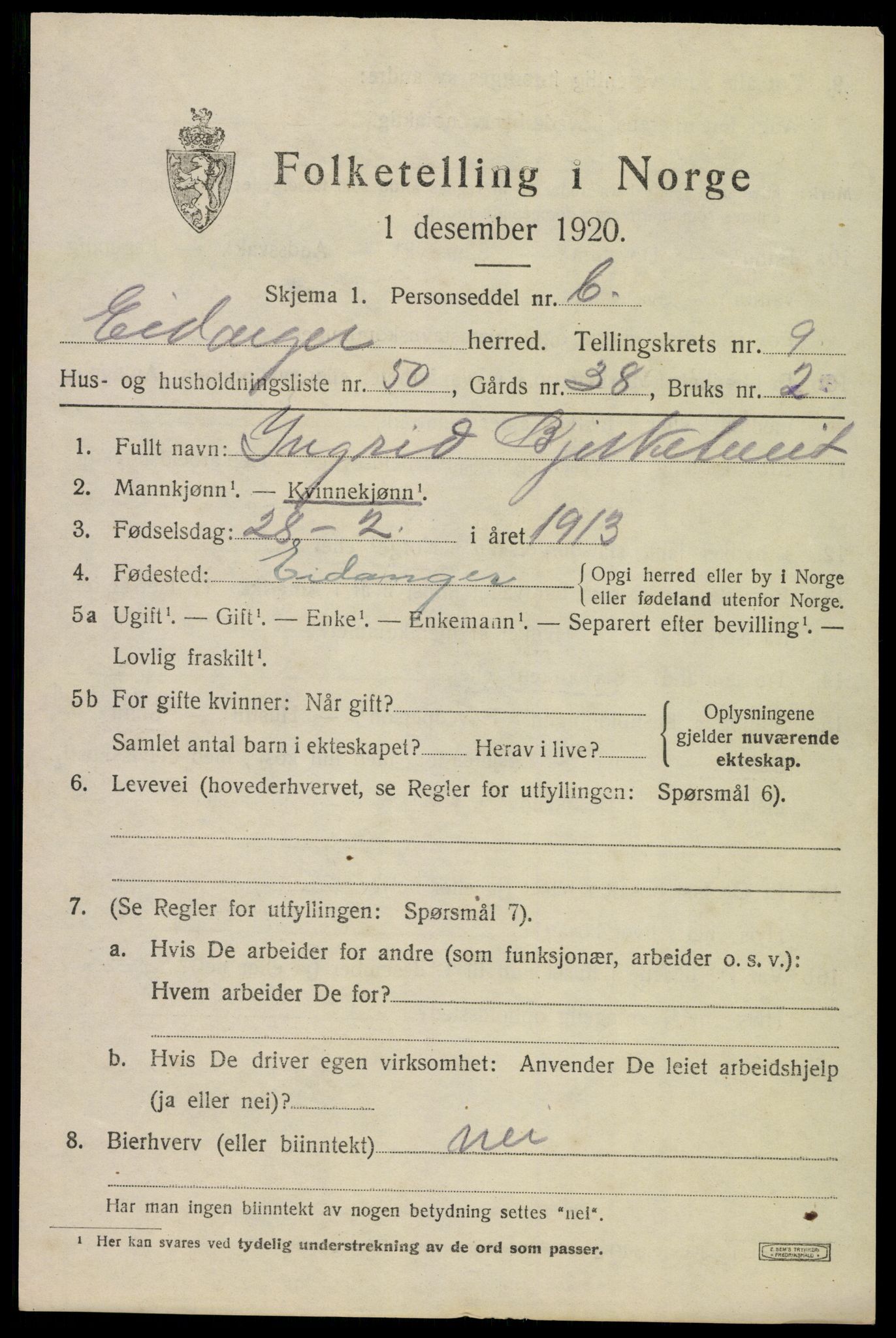 SAKO, 1920 census for Eidanger, 1920, p. 6312