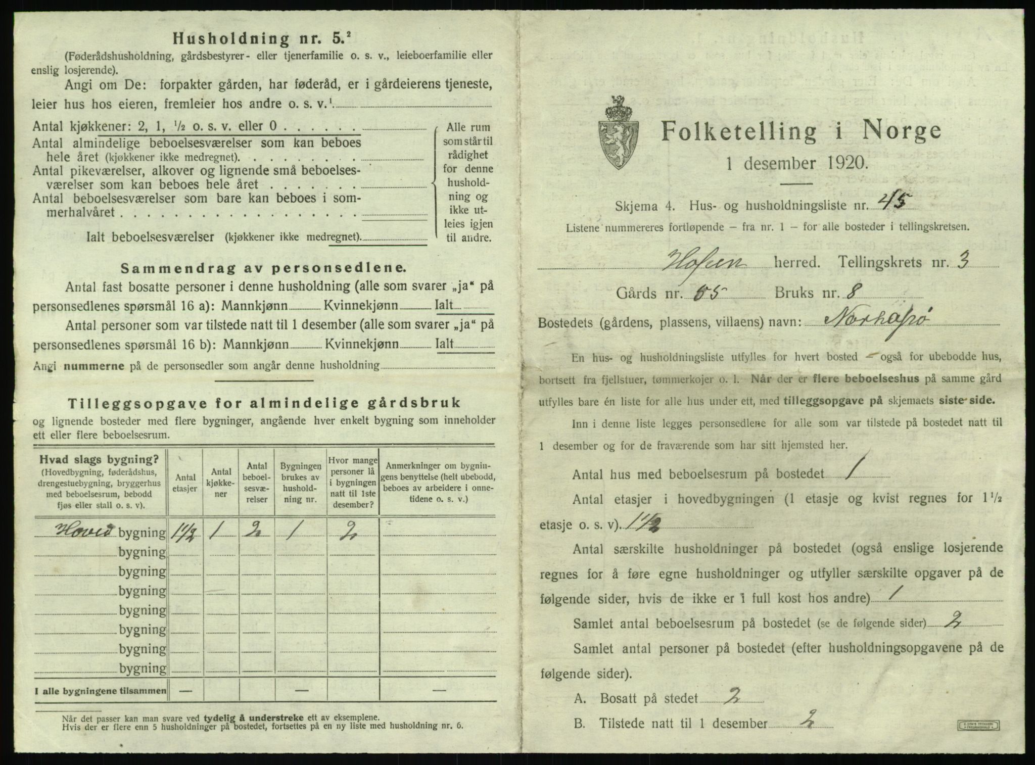 SAT, 1920 census for Hopen, 1920, p. 292