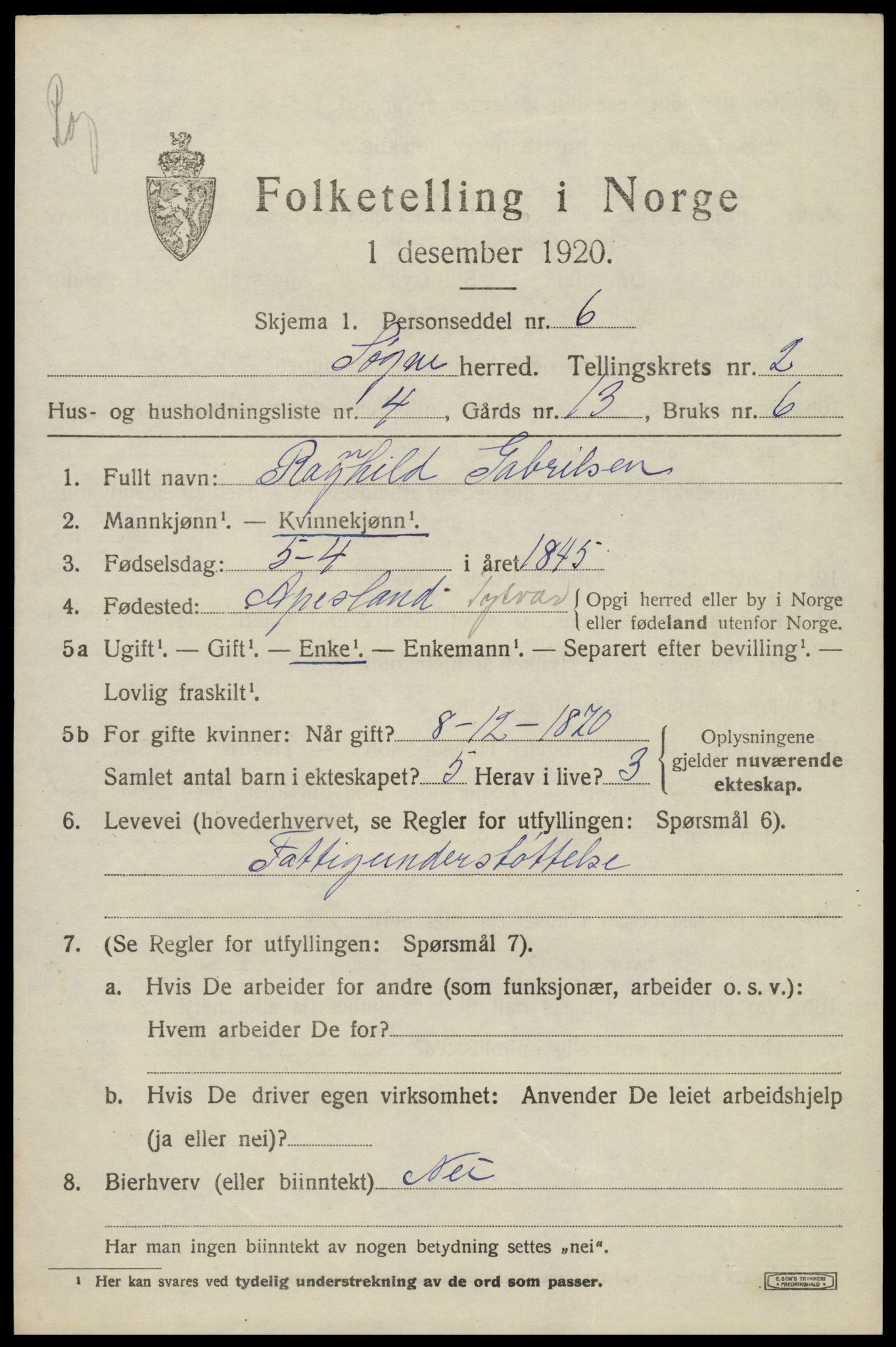 SAK, 1920 census for Søgne, 1920, p. 1489
