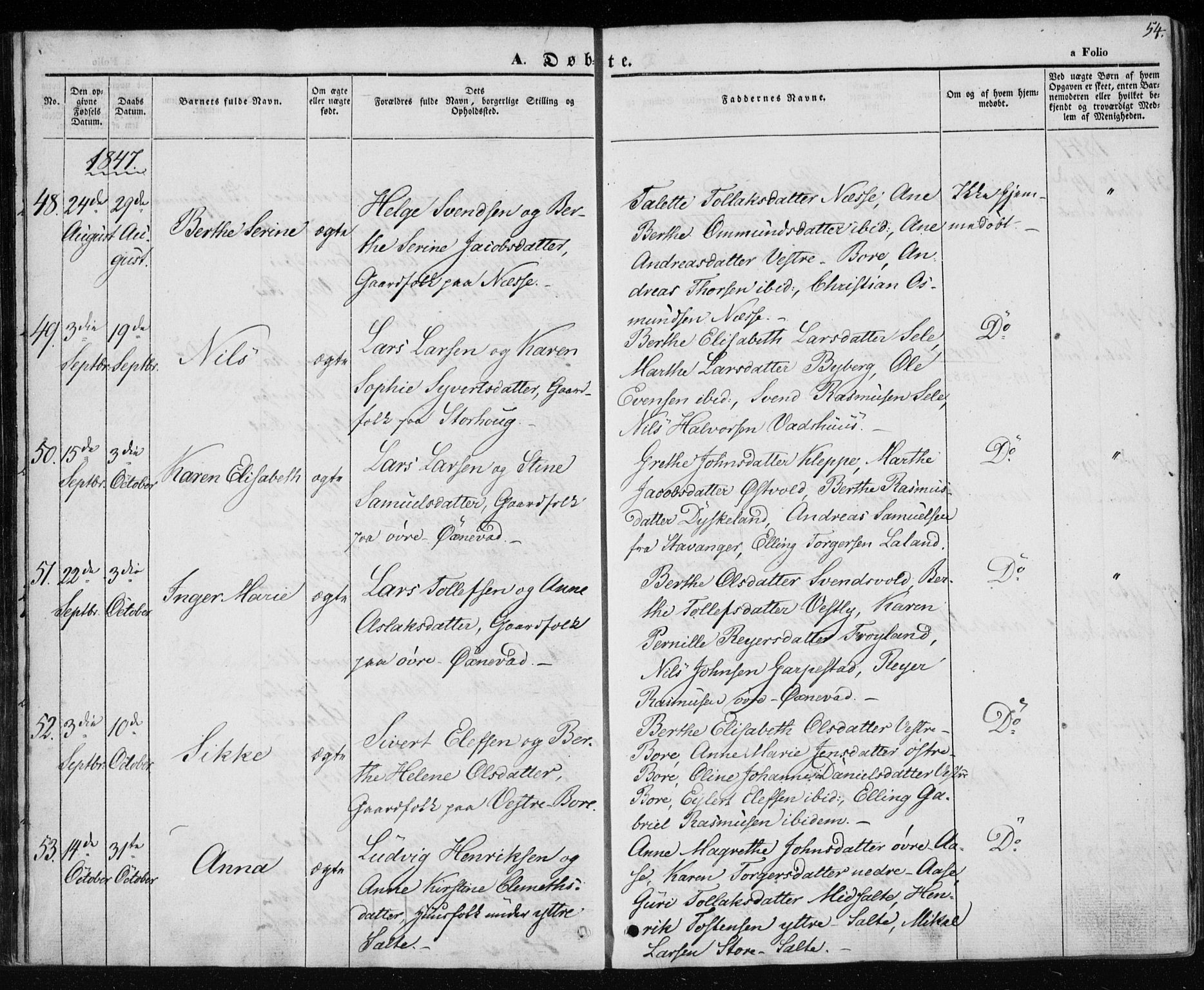 Klepp sokneprestkontor, AV/SAST-A-101803/001/3/30BA/L0004: Parish register (official) no. A 4, 1842-1852, p. 54