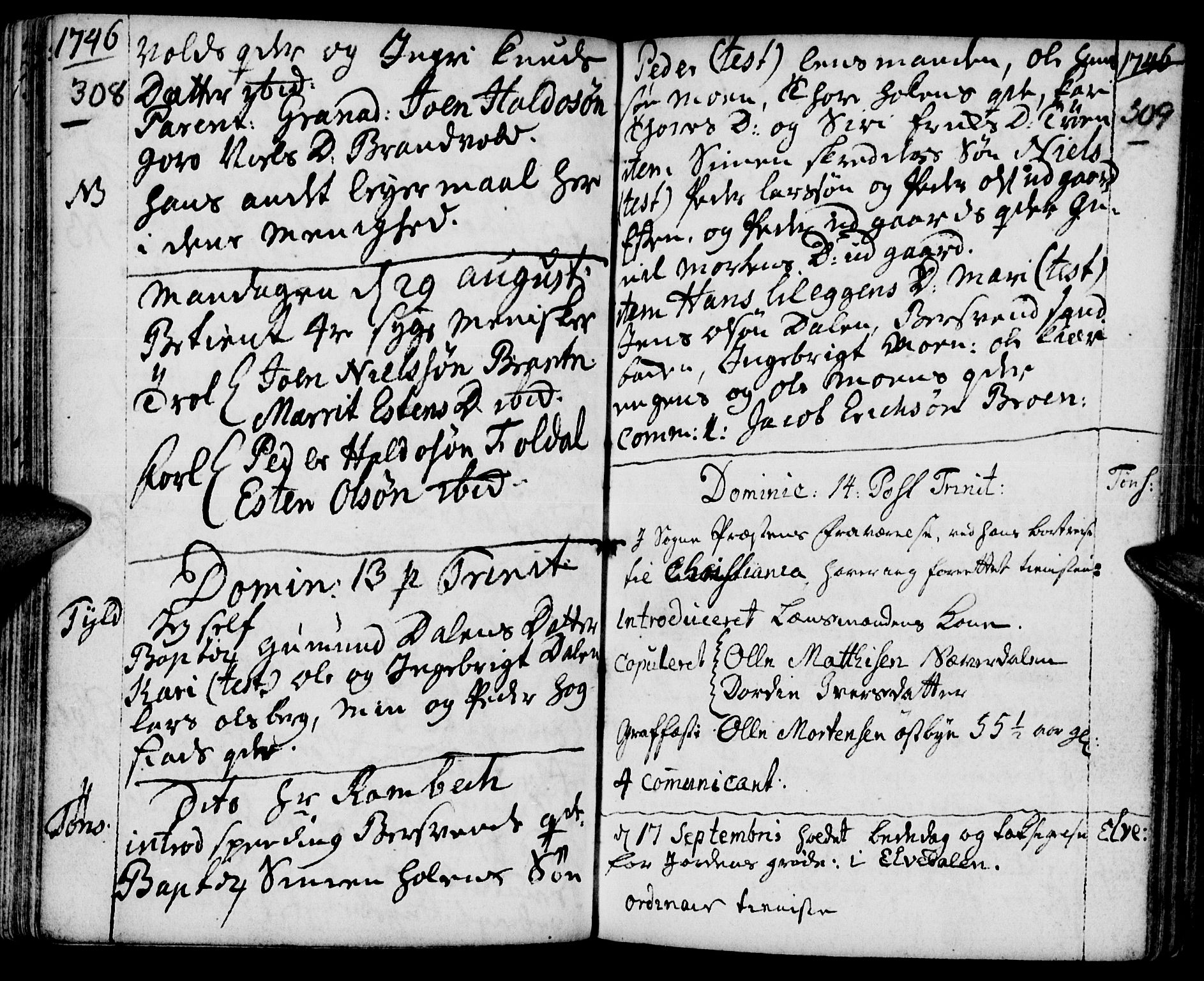 Tynset prestekontor, SAH/PREST-058/H/Ha/Haa/L0002: Parish register (official) no. 2, 1737-1767, p. 308-309