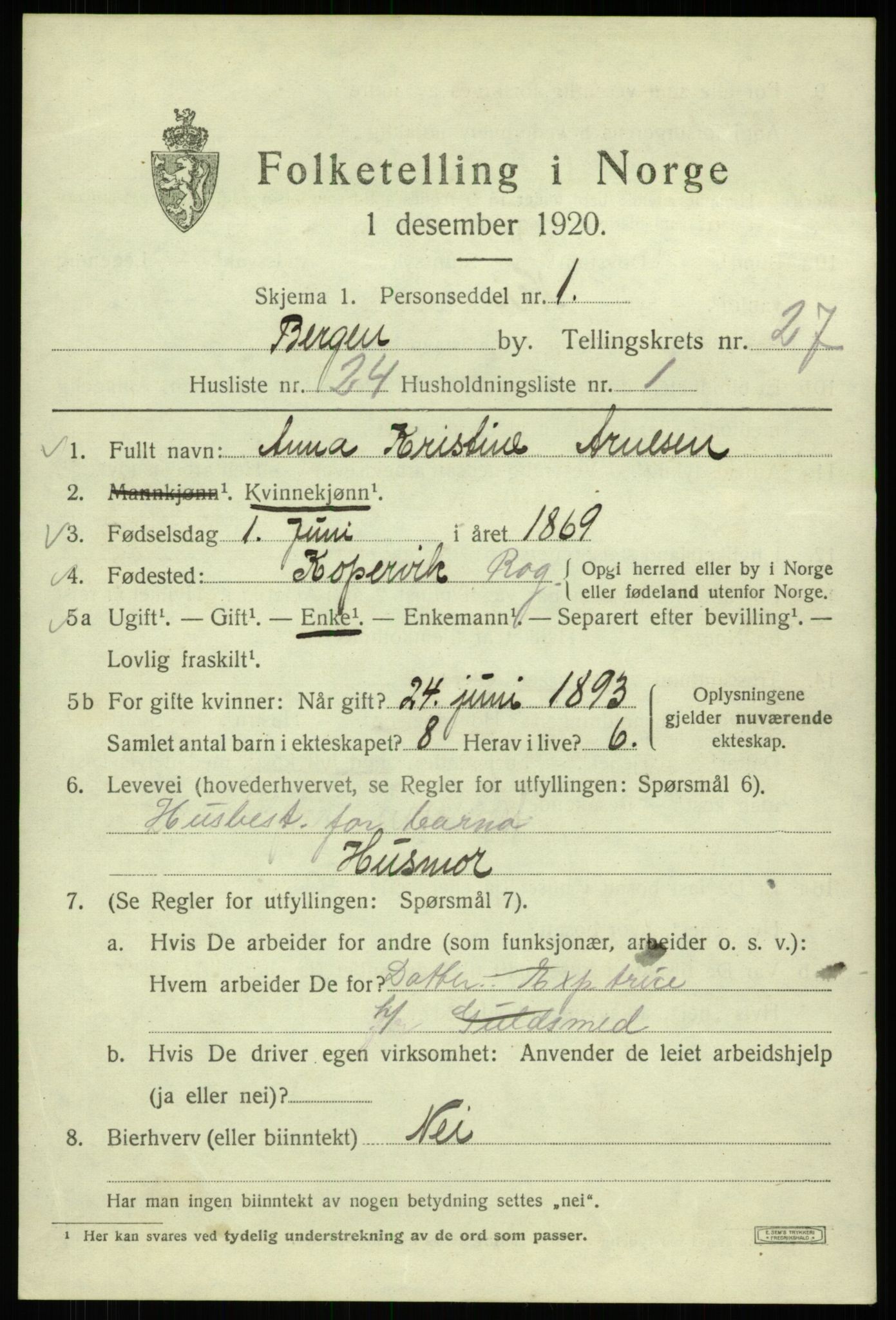 SAB, 1920 census for Bergen, 1920, p. 91781