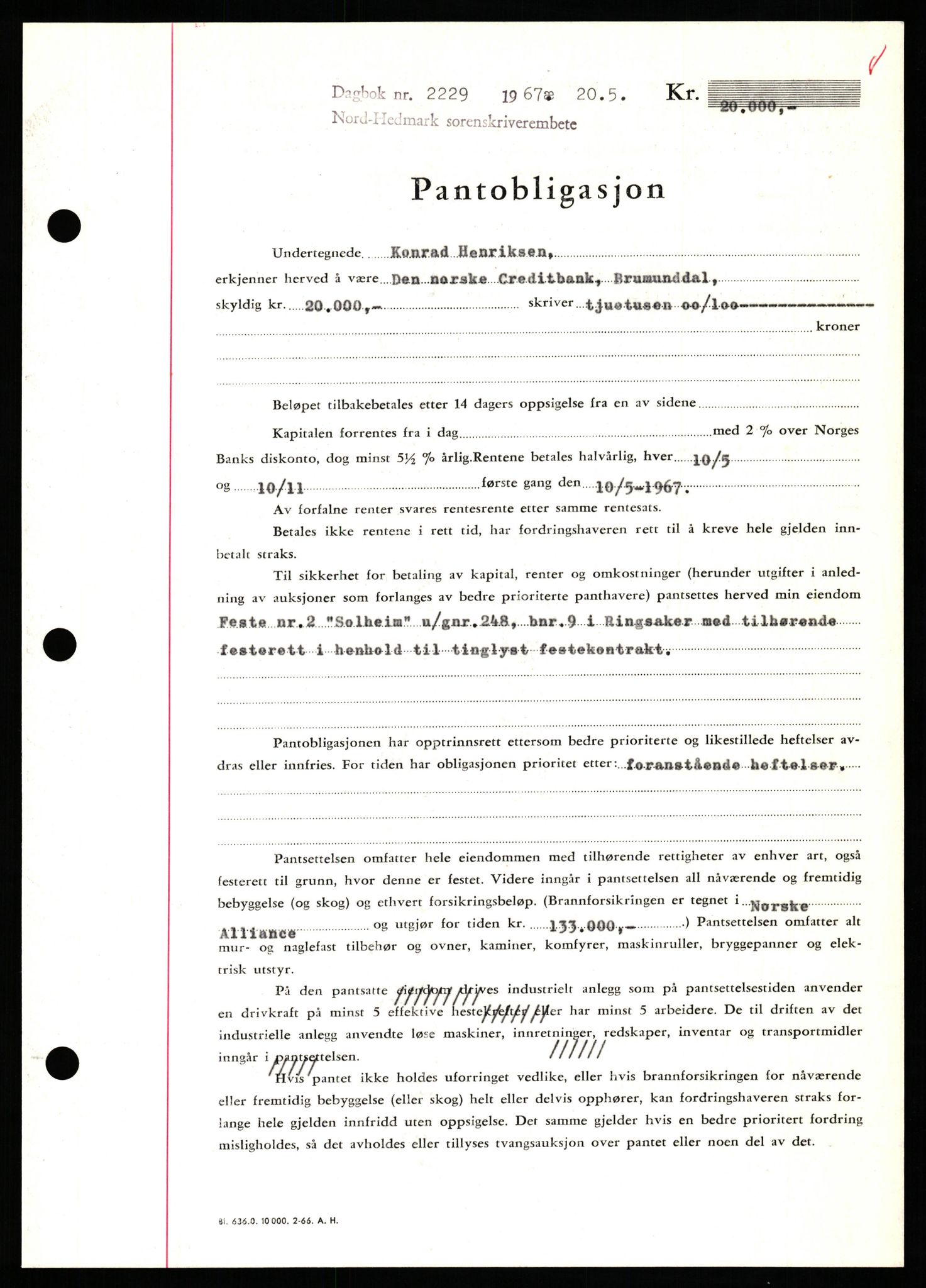 Nord-Hedmark sorenskriveri, SAH/TING-012/H/Hb/Hbf/L0071: Mortgage book no. B71, 1967-1967, Diary no: : 2229/1967