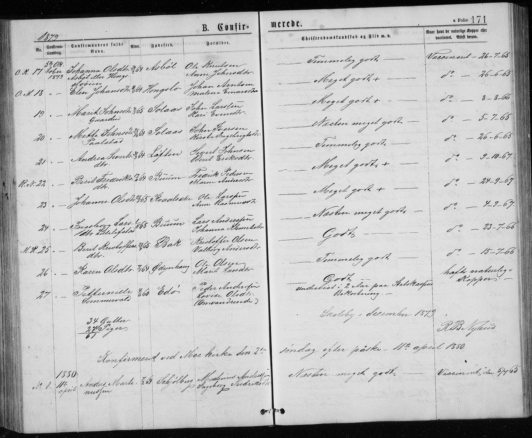 Ministerialprotokoller, klokkerbøker og fødselsregistre - Sør-Trøndelag, SAT/A-1456/671/L0843: Parish register (copy) no. 671C02, 1873-1892, p. 171