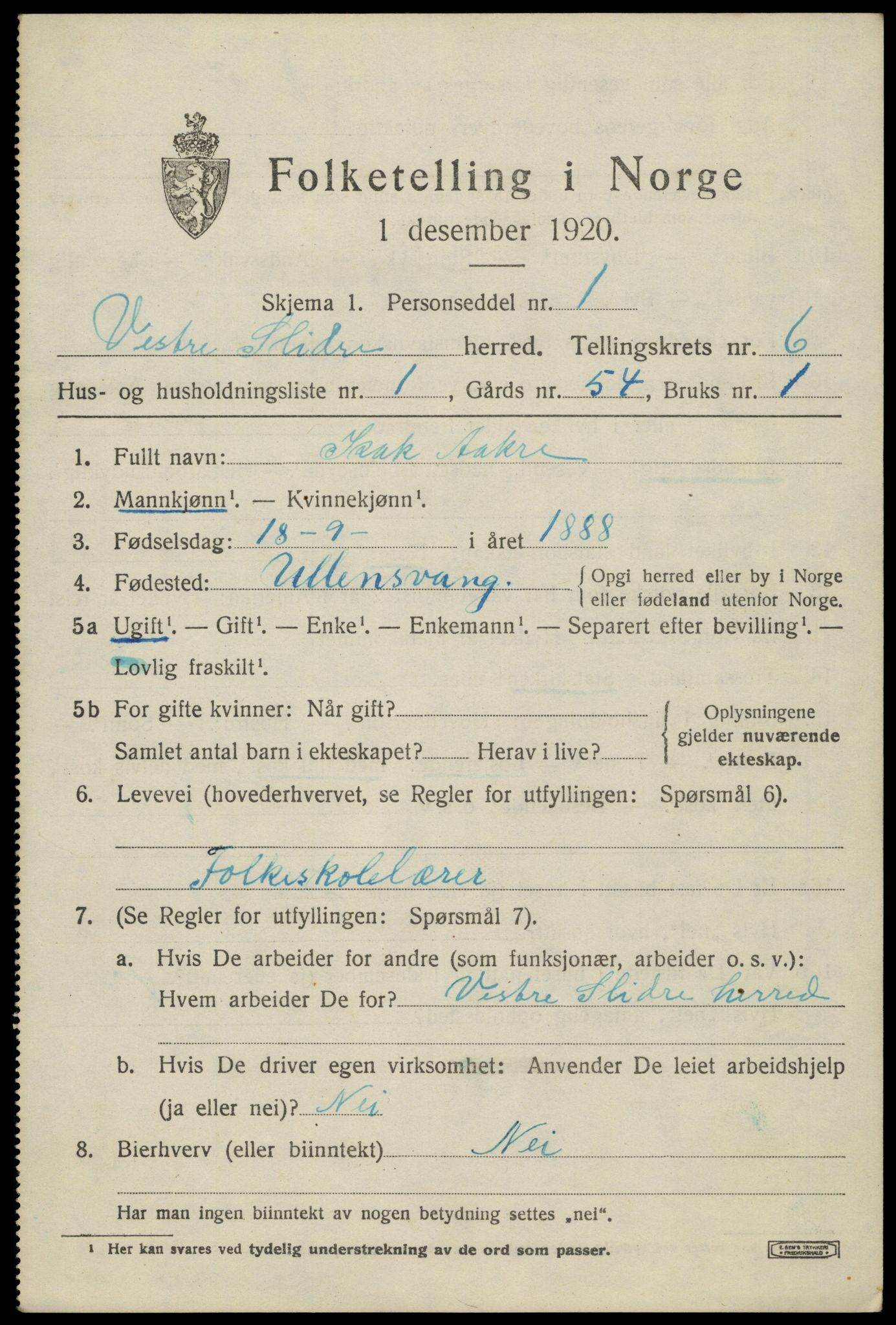 SAH, 1920 census for Vestre Slidre, 1920, p. 3256