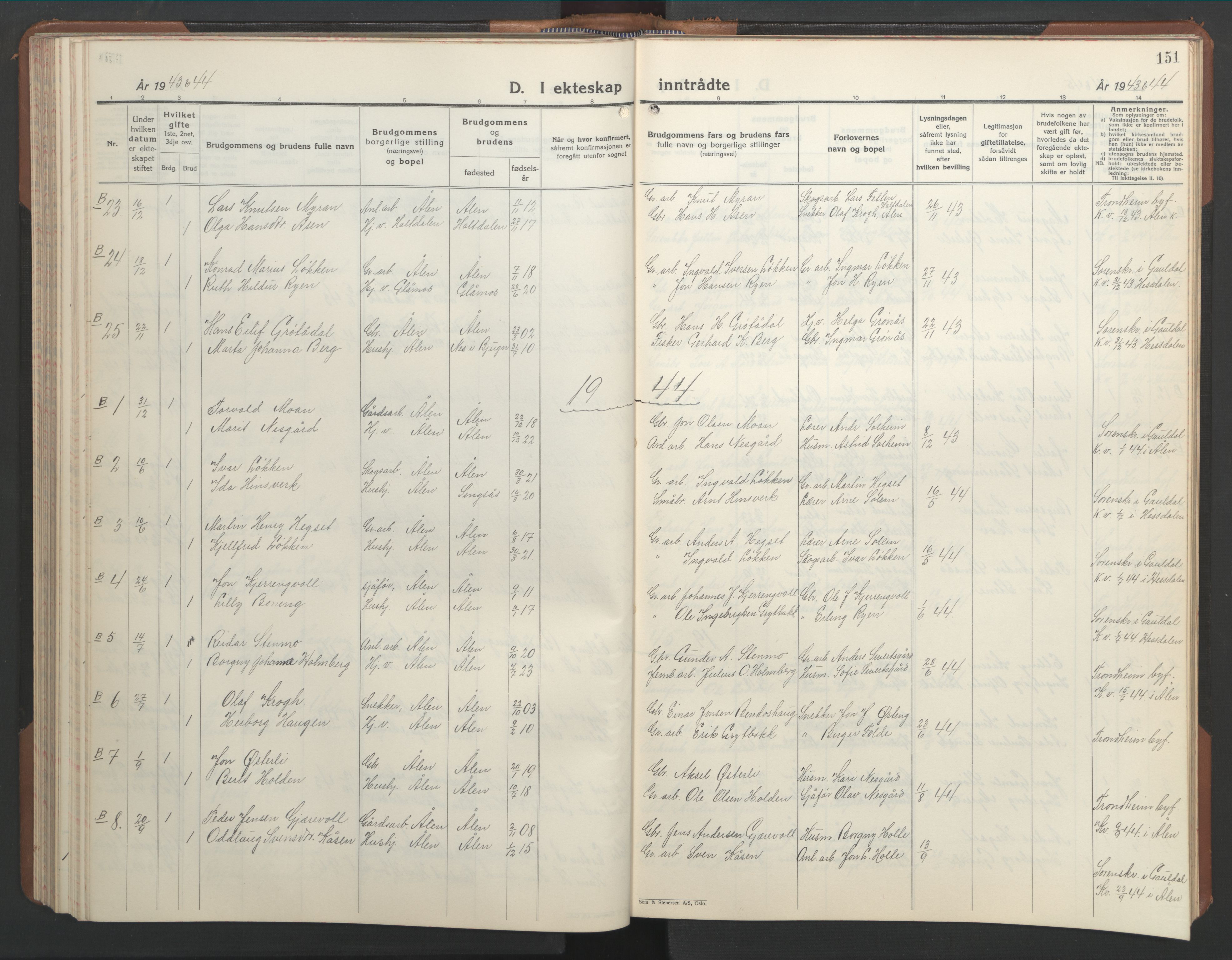 Ministerialprotokoller, klokkerbøker og fødselsregistre - Sør-Trøndelag, SAT/A-1456/686/L0986: Parish register (copy) no. 686C02, 1933-1950, p. 151