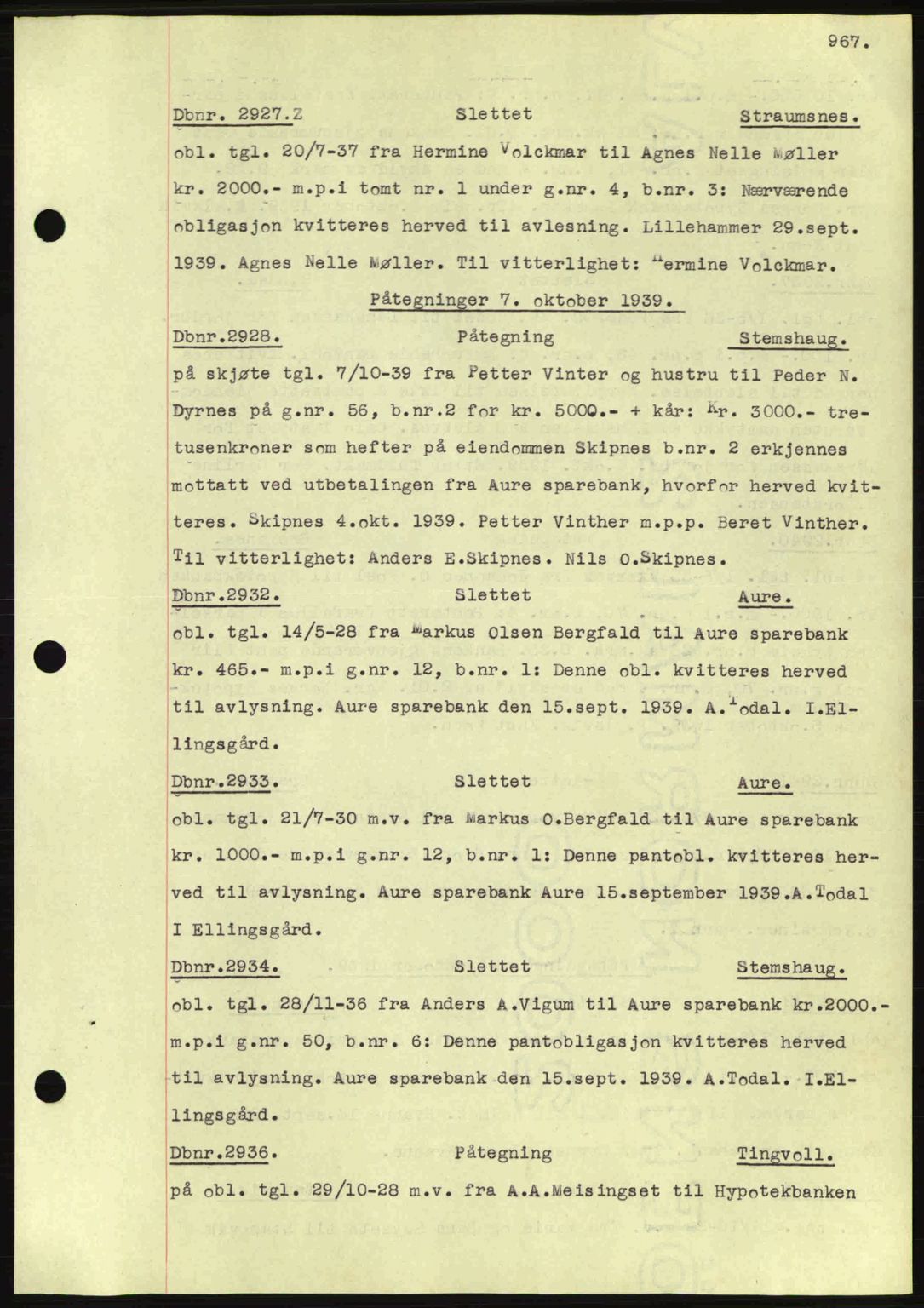 Nordmøre sorenskriveri, AV/SAT-A-4132/1/2/2Ca: Mortgage book no. C80, 1936-1939, Diary no: : 2927/1939