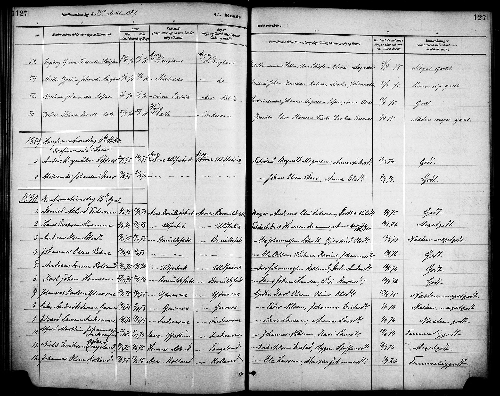 Haus sokneprestembete, AV/SAB-A-75601/H/Haa/Haad/L0001: Parish register (official) no. D 1, 1887-1898, p. 127